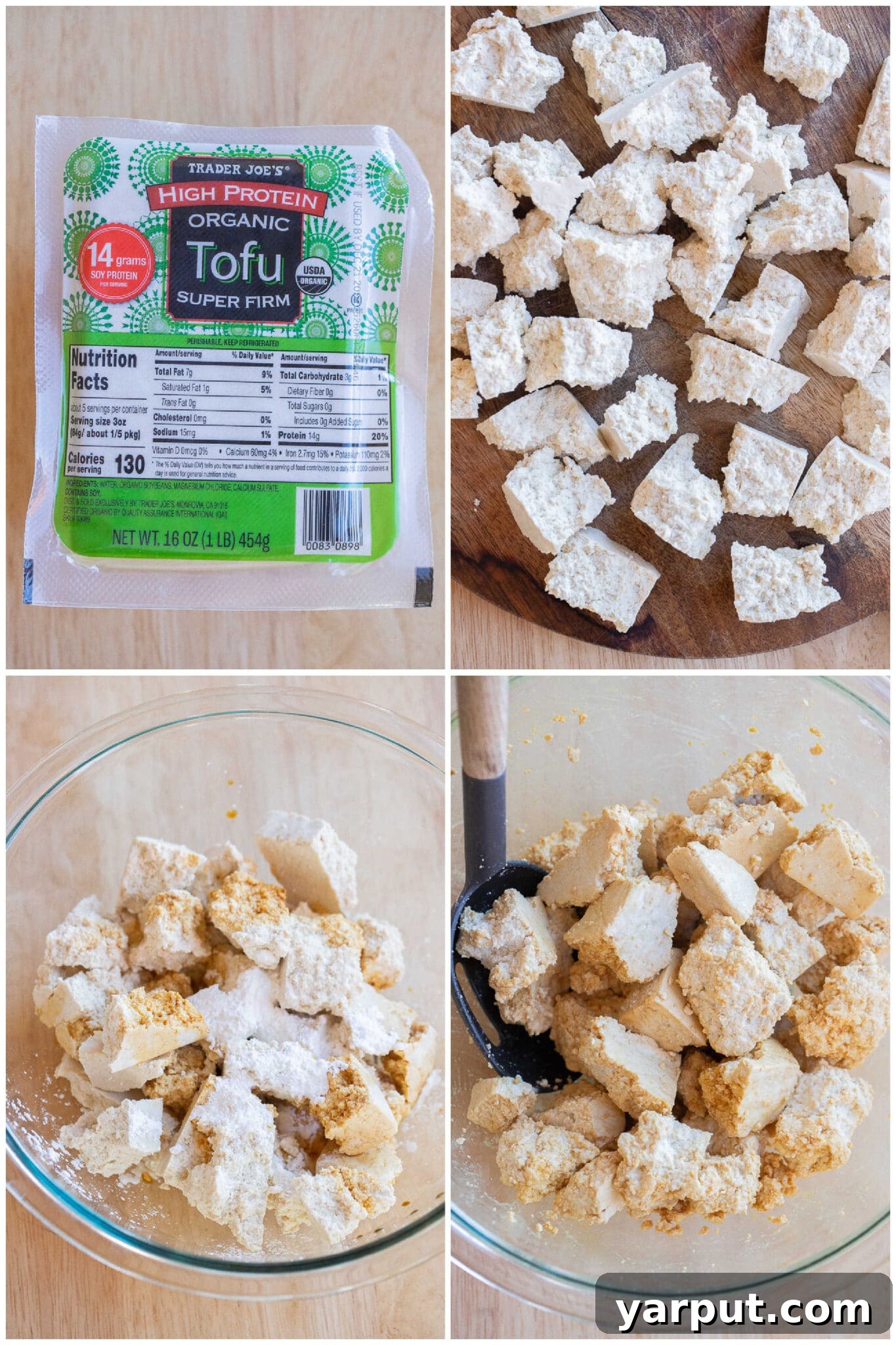 Process of making garlic butter tofu, showing tofu being chunked into small pieces