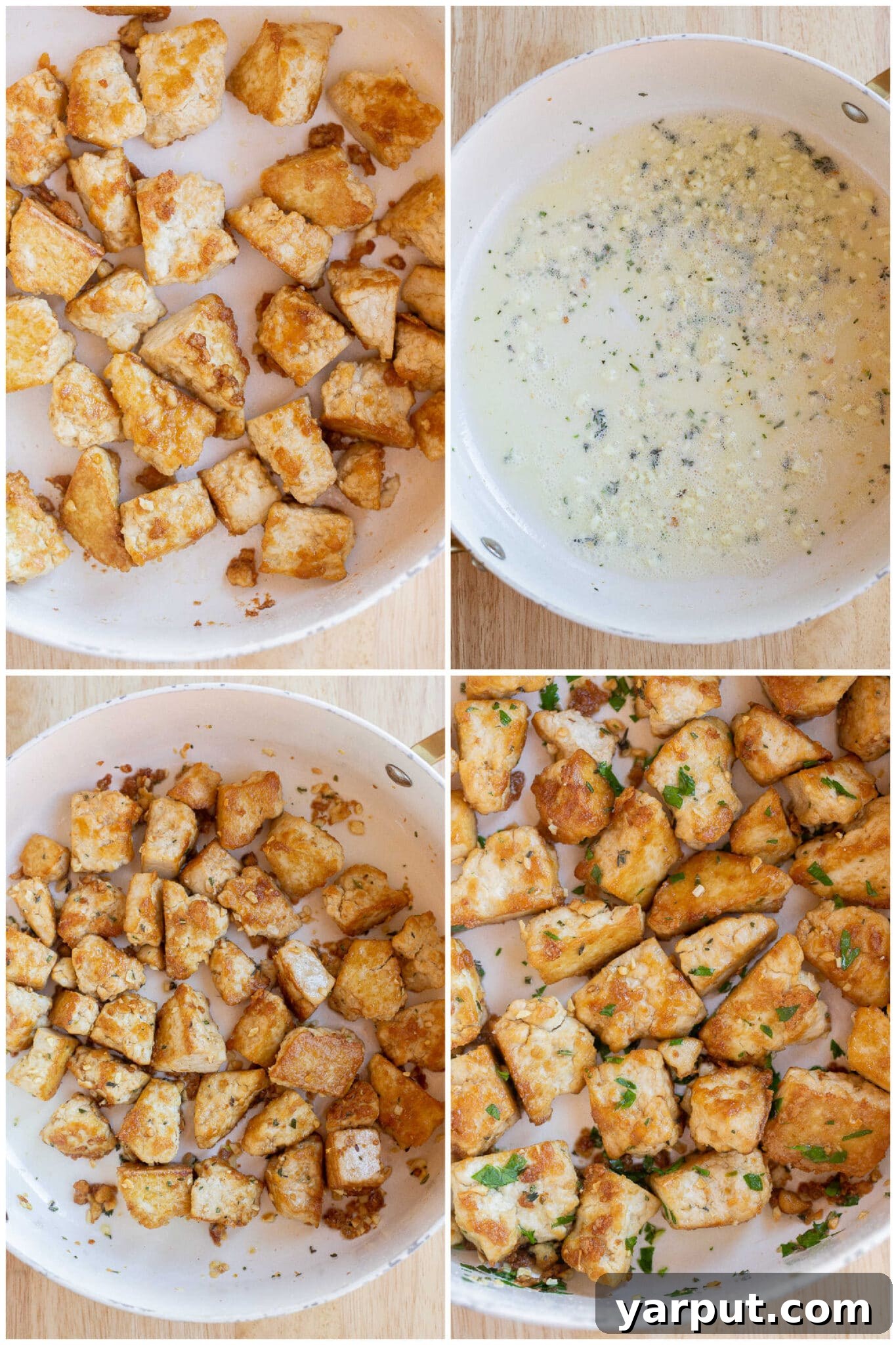 Garlic herb butter tofu before and after it has been mixed with the butter sauce, showing the transformation.