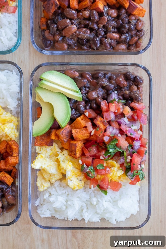 A World of Lentil Chickpea and Bean Delights 15 Convenient meal prep vegetarian breakfast bowls, featuring black beans, eggs, and fresh vegetables.