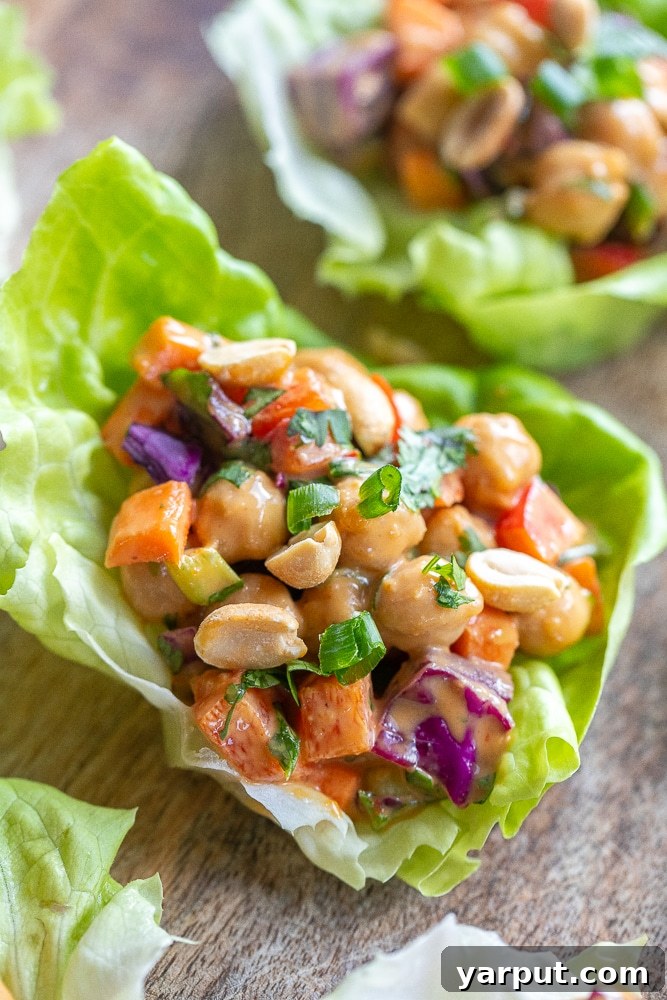 A World of Lentil Chickpea and Bean Delights 21 Fresh chickpea lettuce wraps drizzled with a rich peanut sauce, a light and healthy meal.