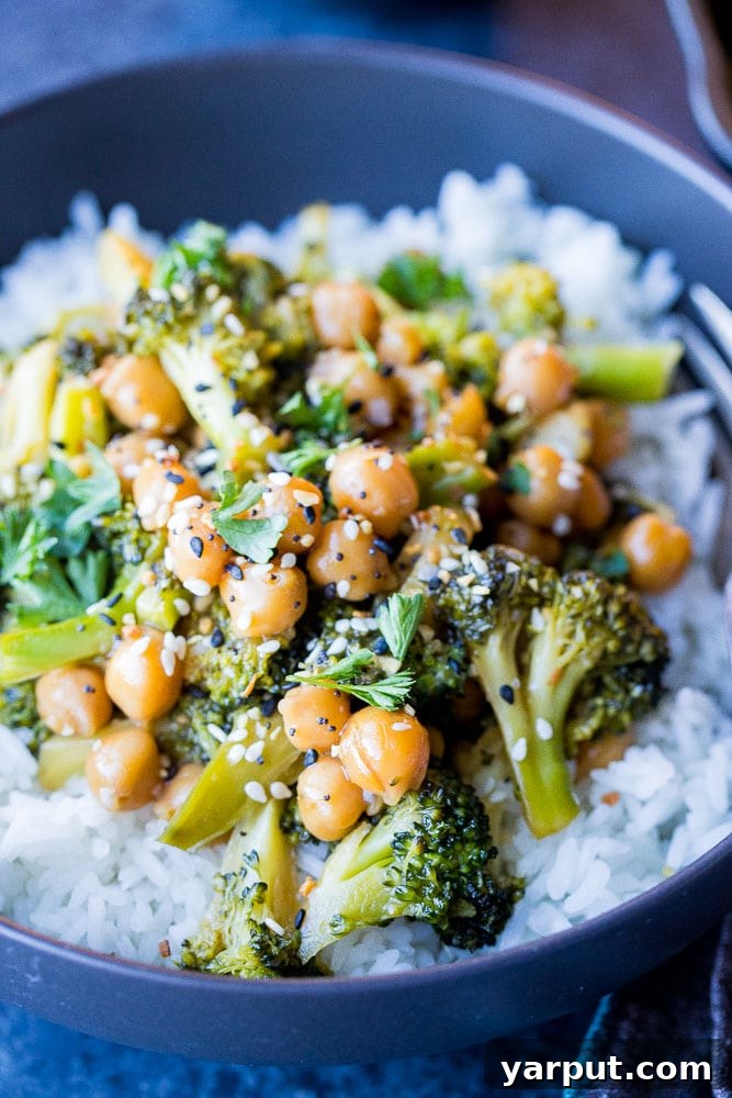 A World of Lentil Chickpea and Bean Delights 37 A vibrant teriyaki stir-fry packed with broccoli and chickpeas, served over rice.