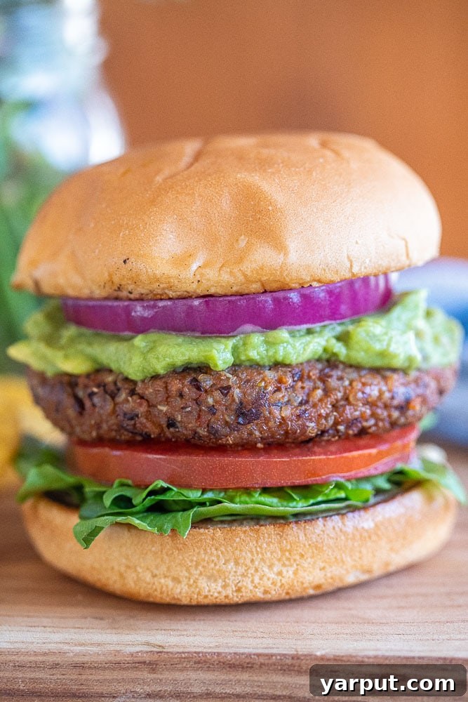 A World of Lentil Chickpea and Bean Delights 8 A perfectly cooked easy vegan black bean burger, served on a bun with fresh toppings.