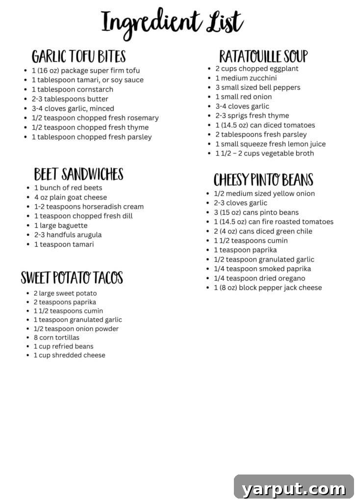 A clear, organized printable ingredient list for the weekly vegetarian meal plan.