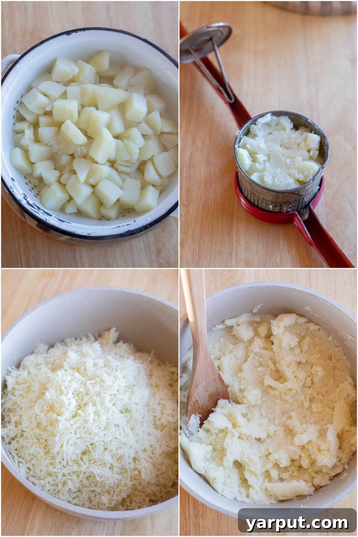 Velvety Smooth Mashed Potatoes 4 A wooden cutting board with peeled and diced russet potatoes, ready for boiling.