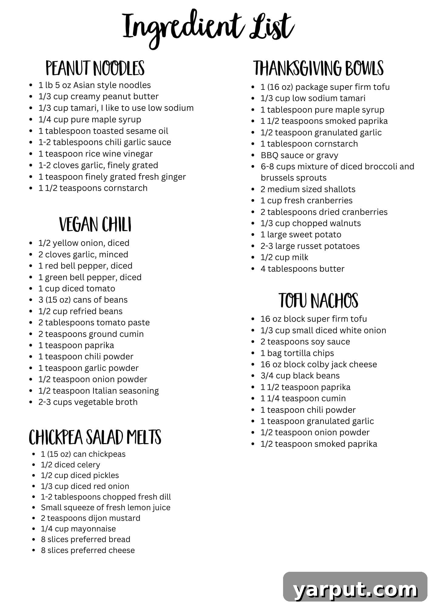 Printable weekly vegetarian meal plan ingredient list