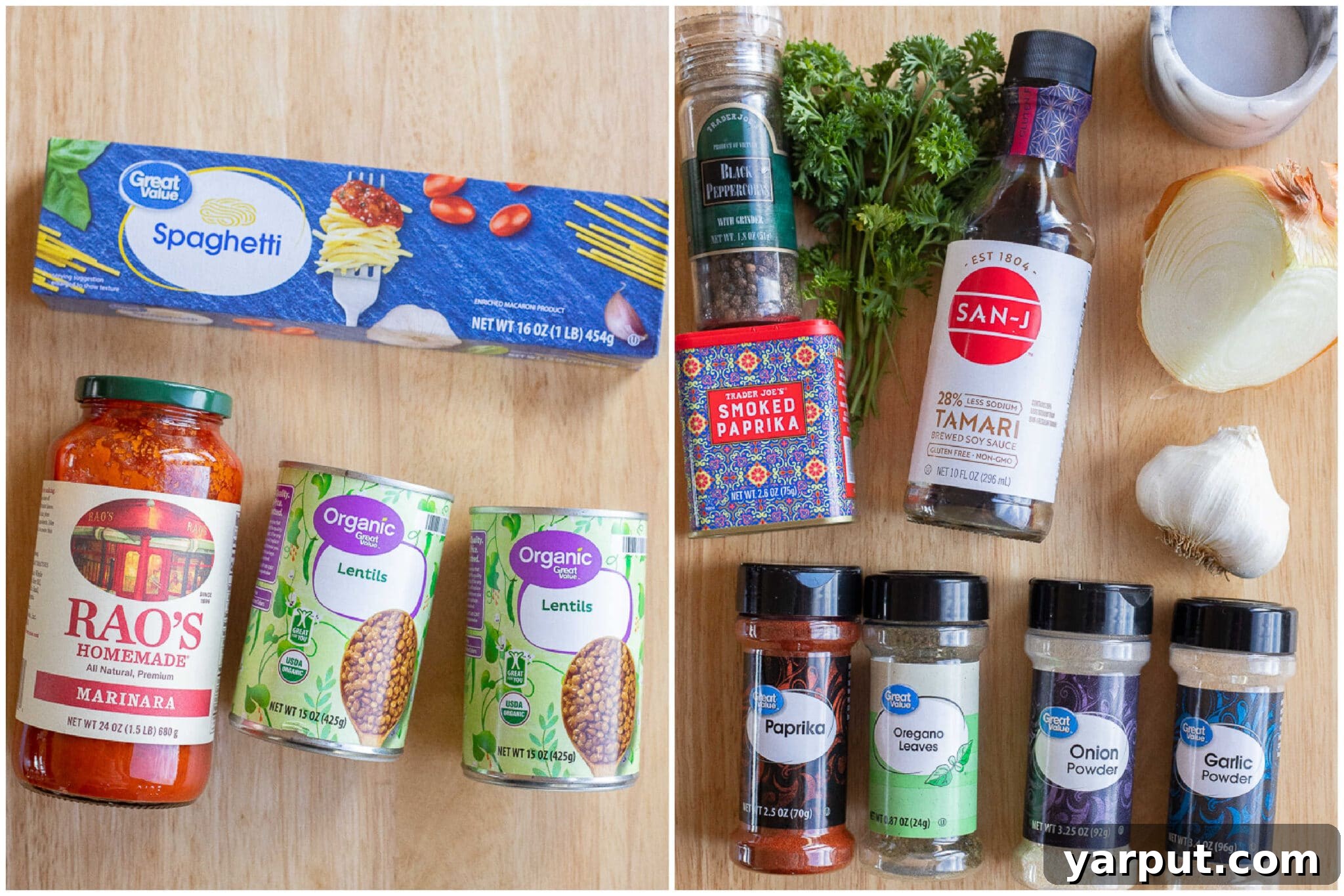 An overhead shot showcasing all the fresh and pantry ingredients laid out, ready for preparation of this flavorful and cozy vegetarian spaghetti dinner.