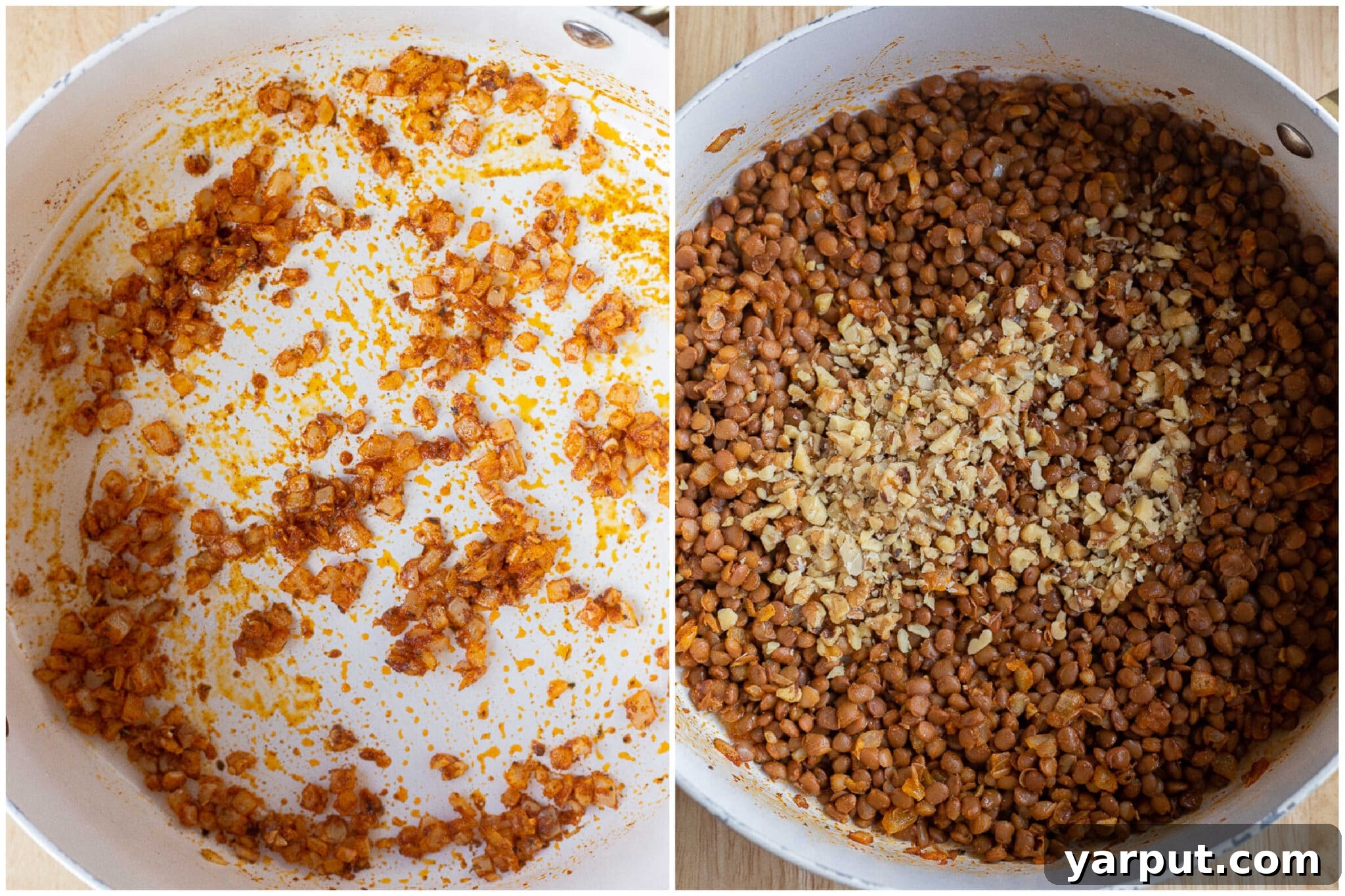 A close-up view of a skillet, illustrating the preparation of the hearty meaty lentil sauce with aromatic spices and walnuts simmering together.