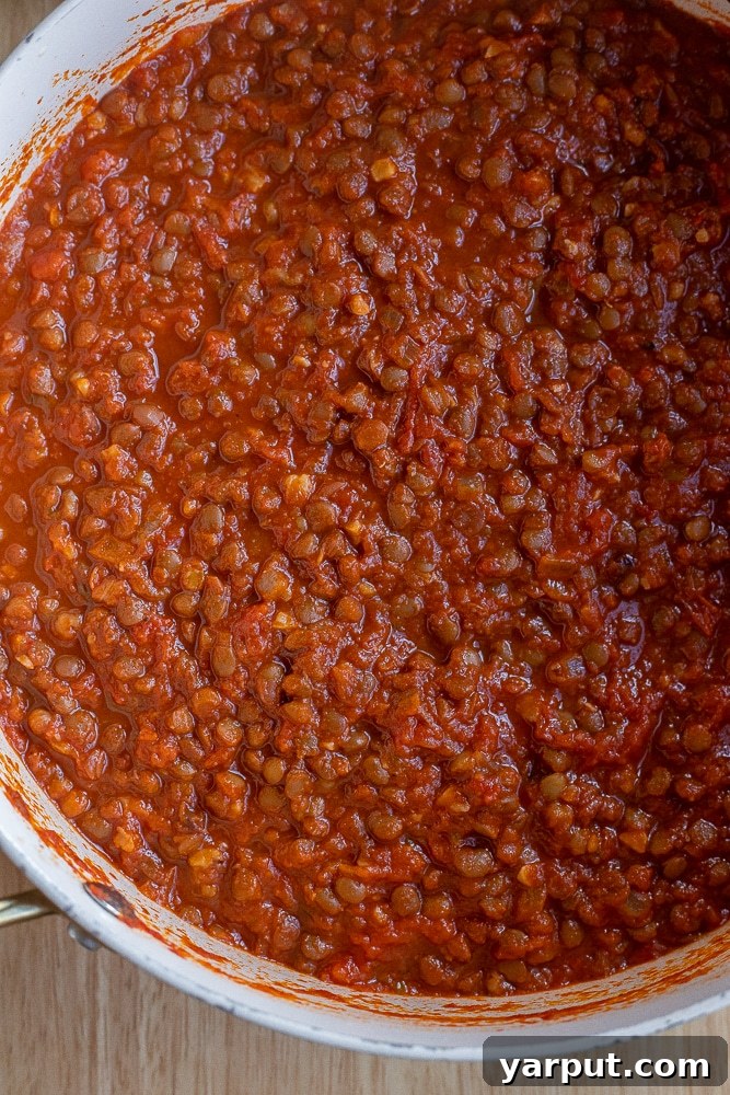 A close-up of a pan filled with the simmering, rich, and hearty lentil sauce, showing its thick texture and vibrant color.
