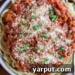 A dish of Spaghetti with Meaty Lentil Sauce ready to eat
