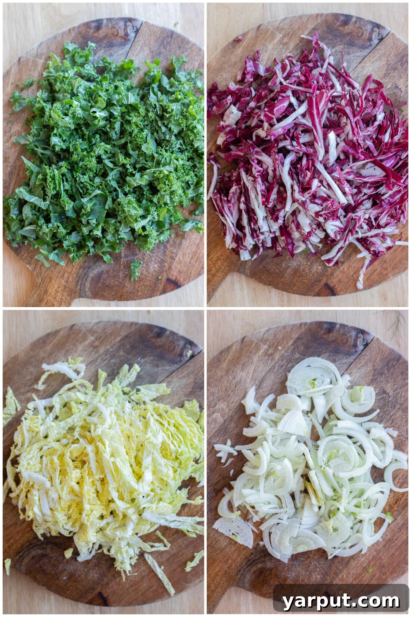 Merry & Bright Coleslaw 4 Thinly sliced napa cabbage, vibrant kale, and delicate fennel on a cutting board, highlighting the fresh ingredients for the coleslaw.