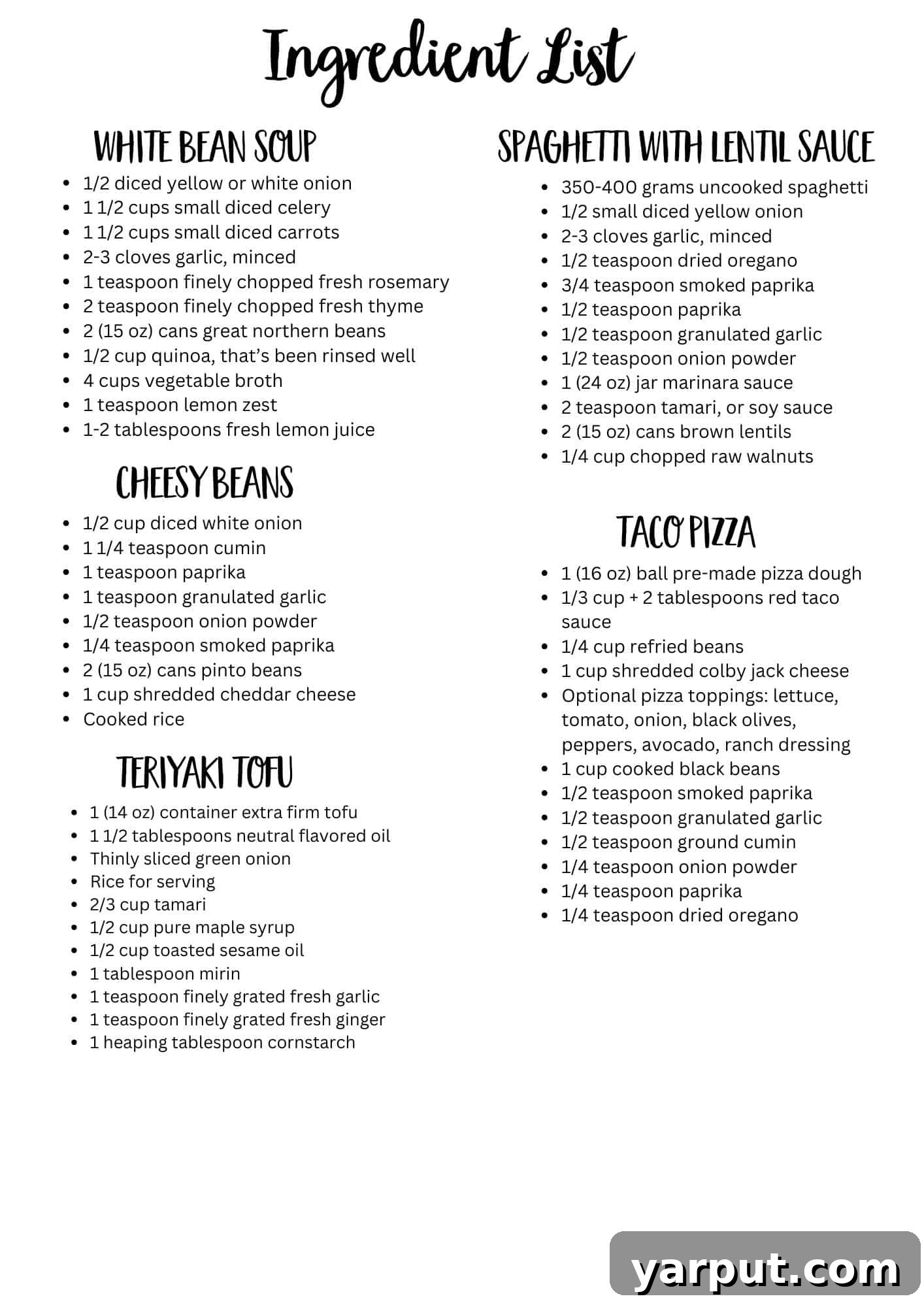 Effortless Vegetarian Meals for Week 16 8 A printable grocery list template for vegetarian meal planning, showing sections for different ingredient categories.