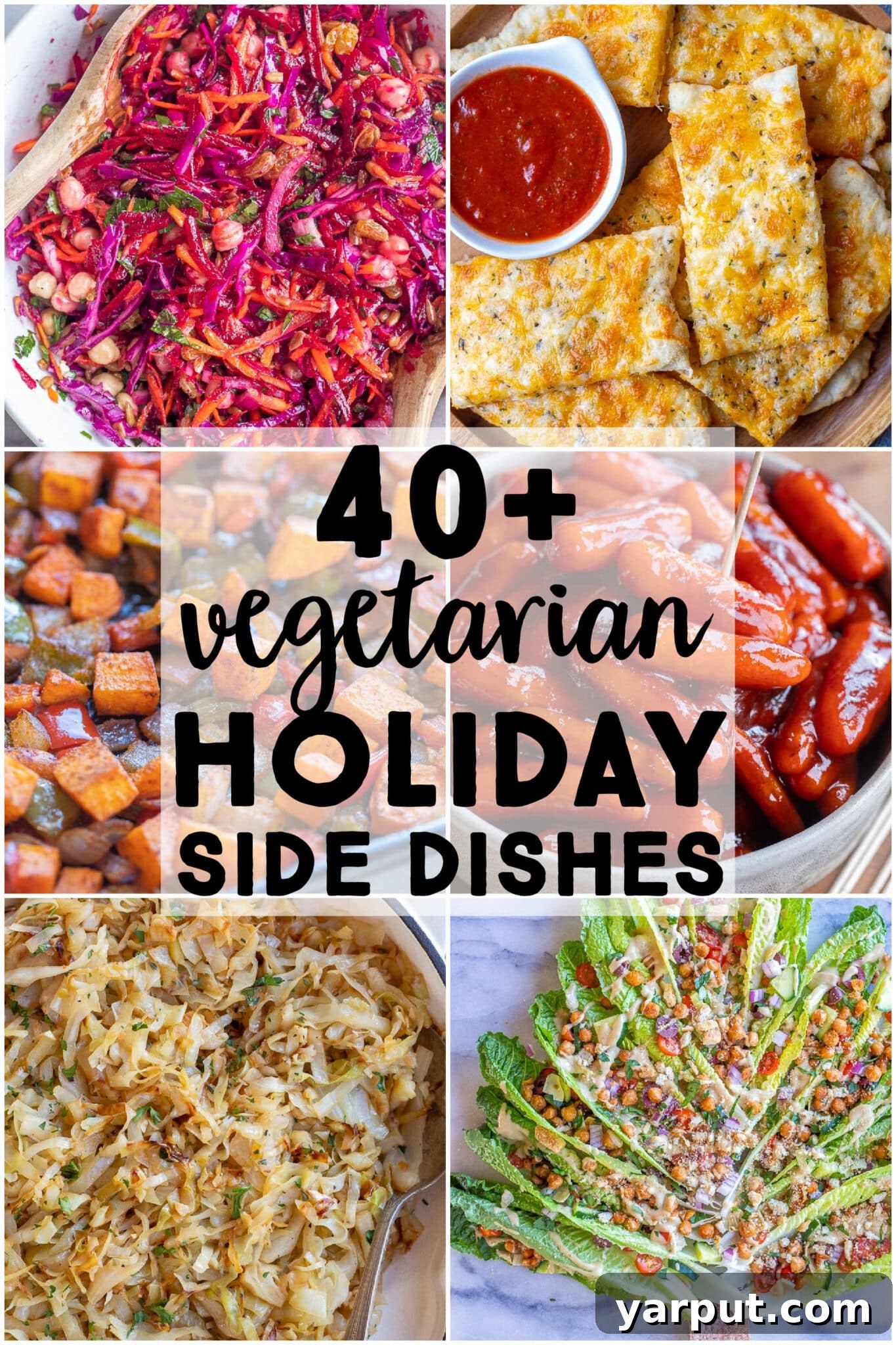 40+ Festive Vegetarian Side Dishes 2 A beautiful spread of various holiday side dishes, including roasted vegetables, mashed potatoes, and salads, perfect for a festive gathering.