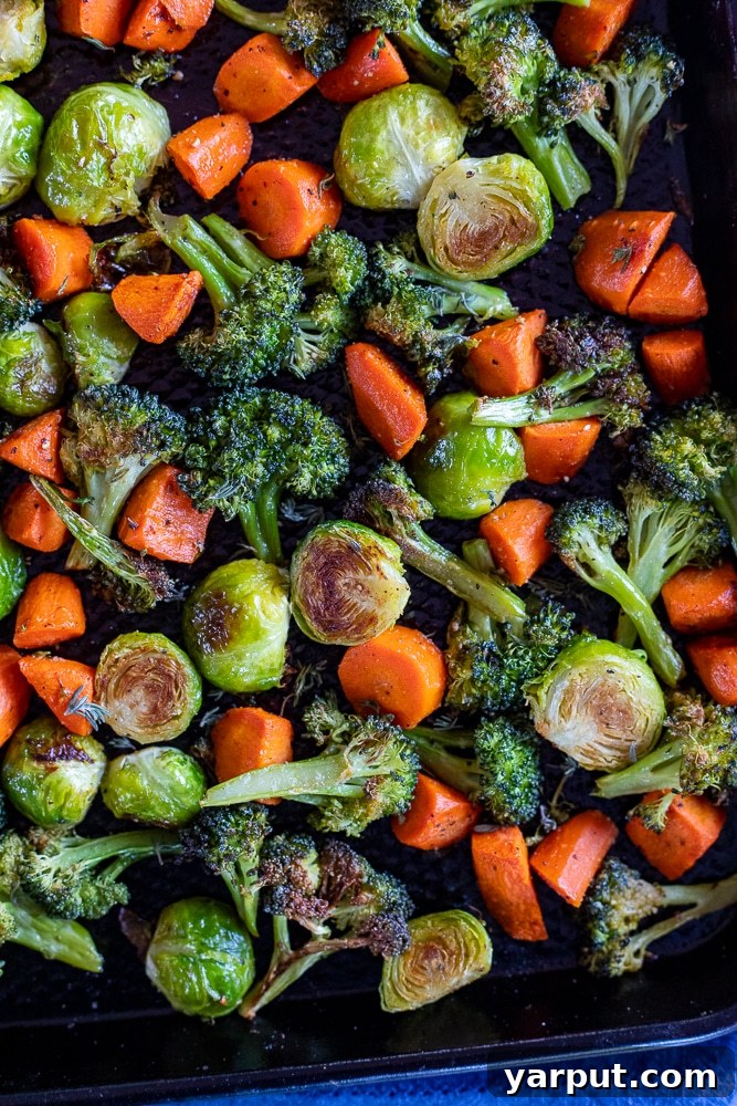 40+ Festive Vegetarian Side Dishes 28 A tray of perfectly roasted mixed vegetables, showcasing their caramelized edges and vibrant colors.