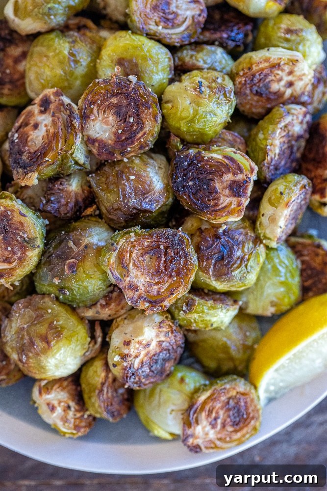 40+ Festive Vegetarian Side Dishes 30 Lemon pepper roasted Brussels sprouts, perfectly charred and seasoned, served in a white bowl.