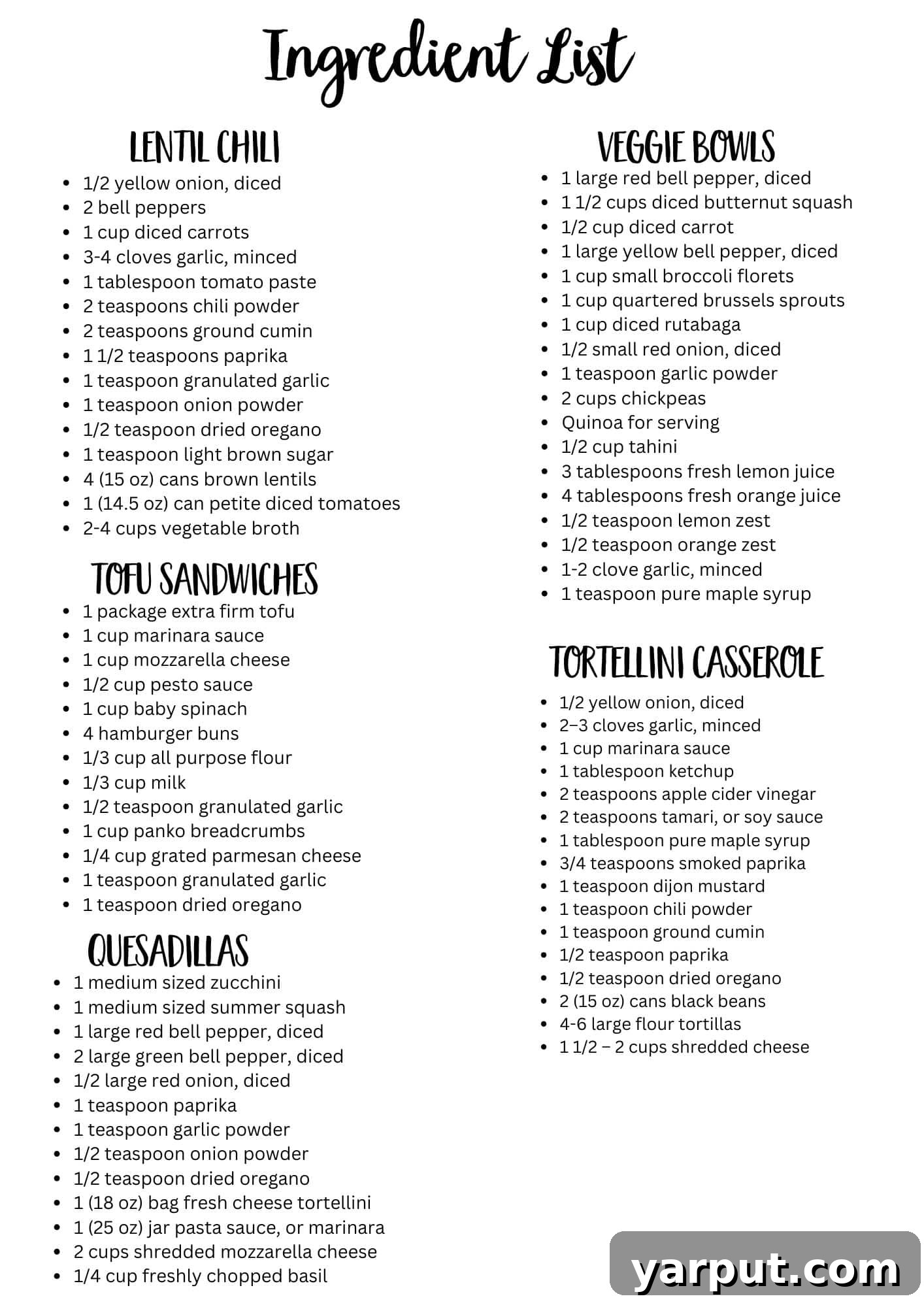 Week 17: Simple Plant-Based Meal Ideas 8 A printable grocery shopping list detailing all ingredients needed for the week's vegetarian meal plan, organized for convenience.