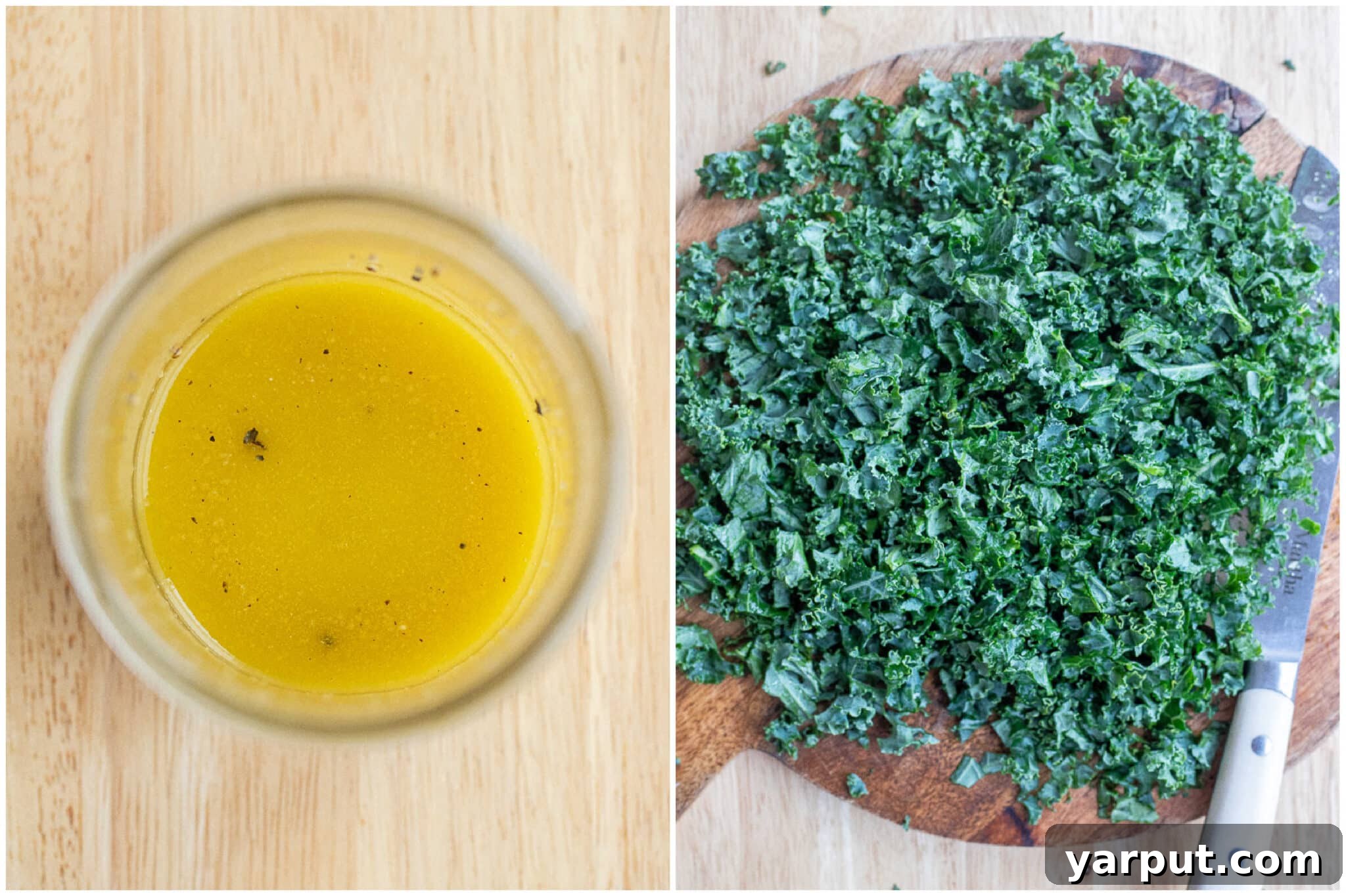 Plant-Powered Superfood Wraps 4 Close up shot of freshly chopped kale and a simple homemade dressing prepared in a clear glass jar.