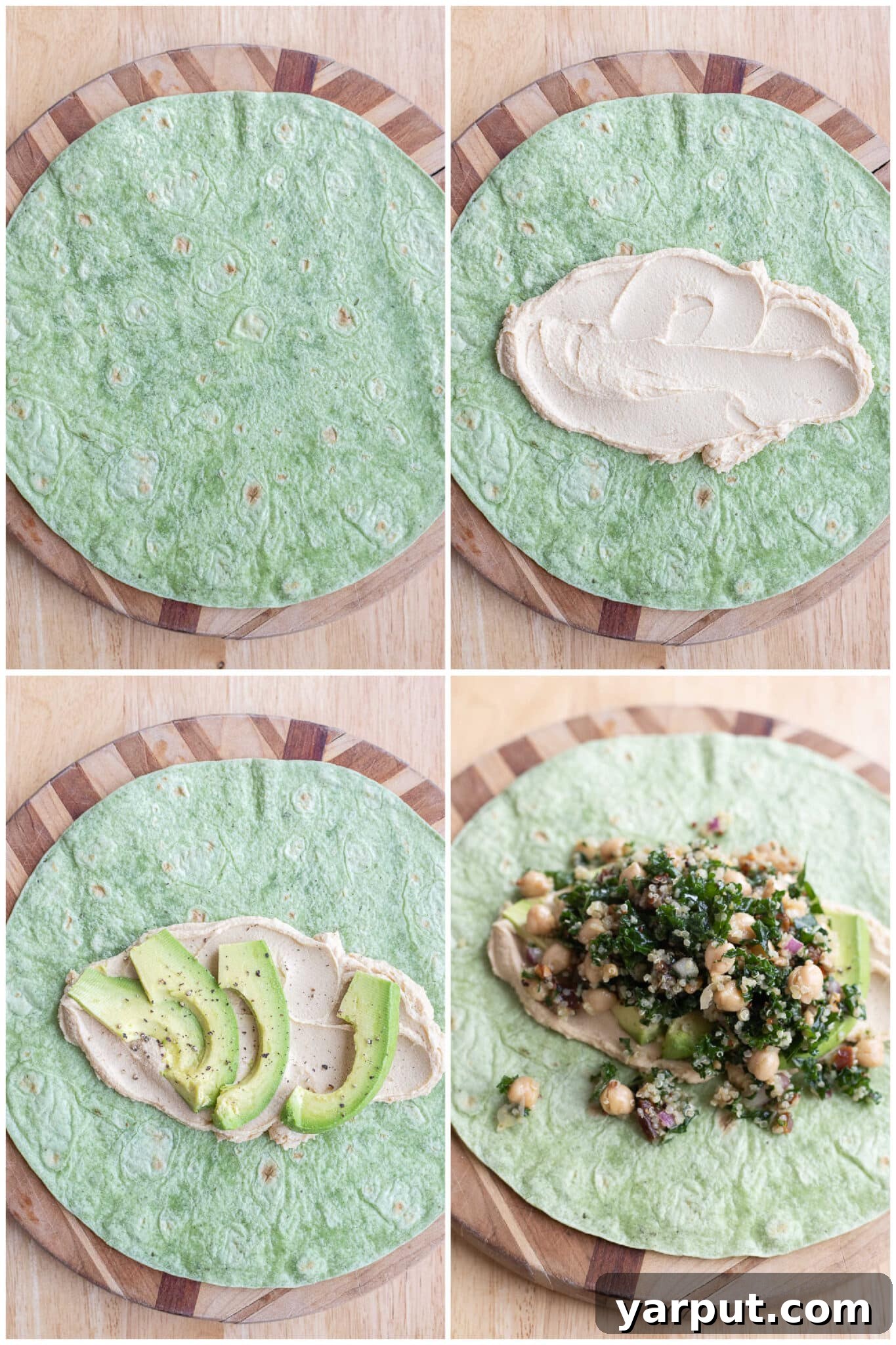 Plant-Powered Superfood Wraps 6 A step-by-step visual guide showing how to assemble these delightful vegetarian superfood wraps on a cutting board.