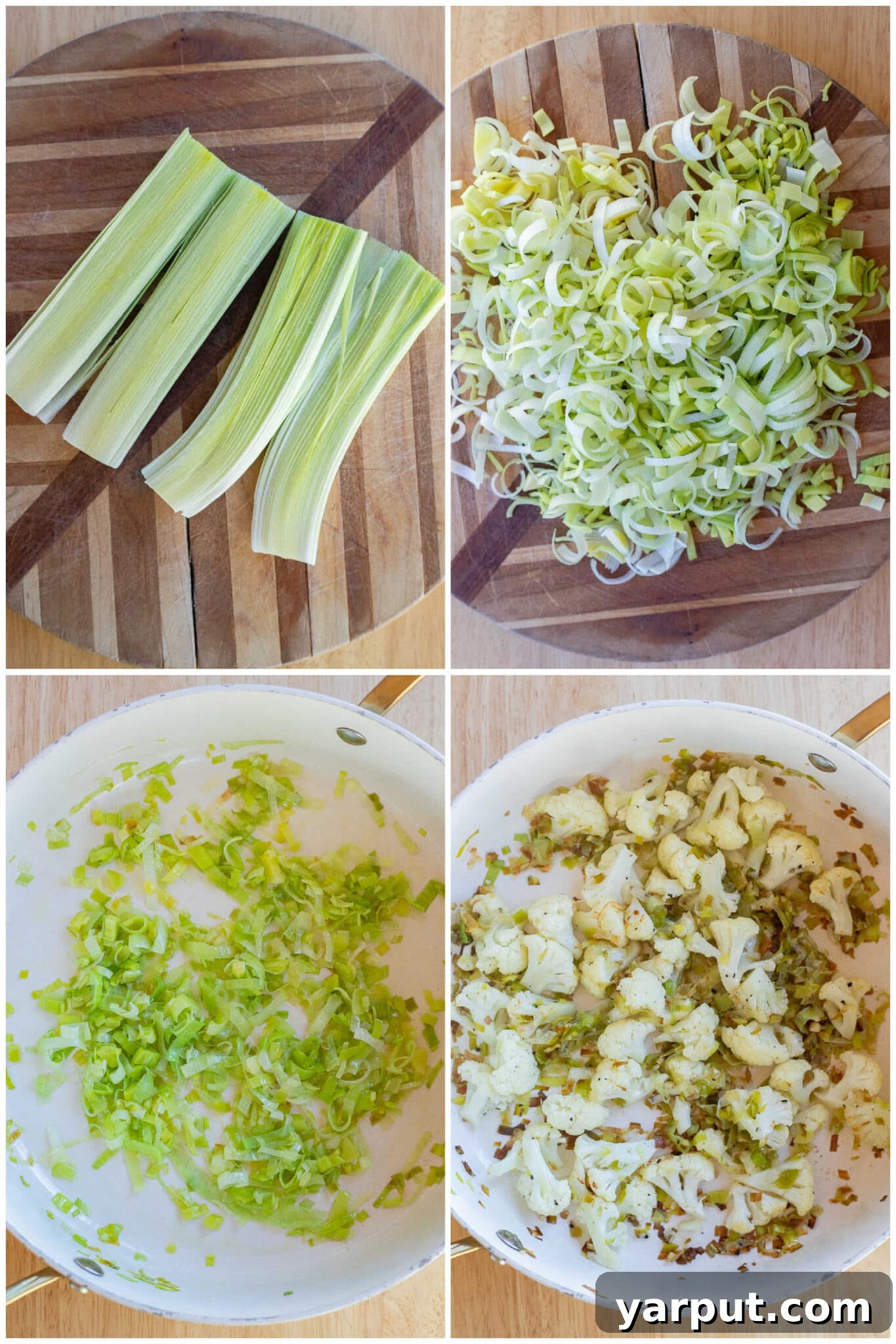 Baked Eggs with White Cheddar, Leeks, and Cauliflower 3 A kitchen scene showing thinly sliced leeks and small cauliflower florets cooking together in a large non-stick pan on the stovetop, starting to soften and brown slightly.