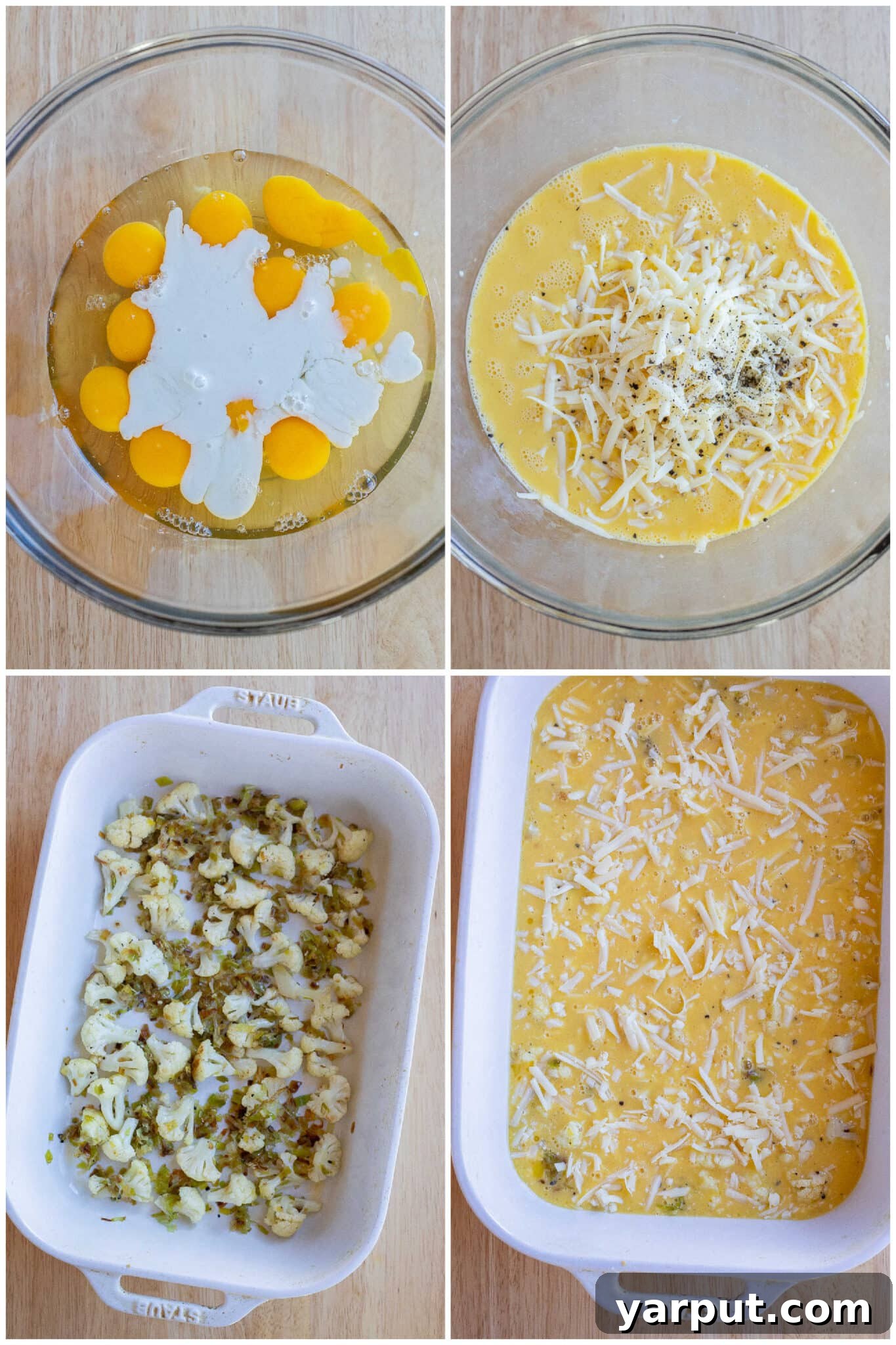 Baked Eggs with White Cheddar, Leeks, and Cauliflower 4 Hands preparing the Cauliflower Leek and White Cheddar Egg Bake, showing the mixture of cooked leeks and cauliflower spread evenly at the bottom of a greased baking dish before the egg mixture is poured over.