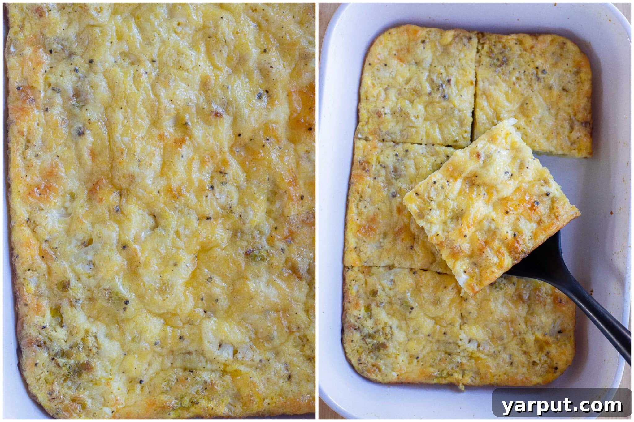 Baked Eggs with White Cheddar, Leeks, and Cauliflower 5 The golden brown and bubbly Cauliflower Leek and White Cheddar Egg Bake, fresh out of the oven, with melted cheese crusting the top and edges, ready to be cooled and sliced.