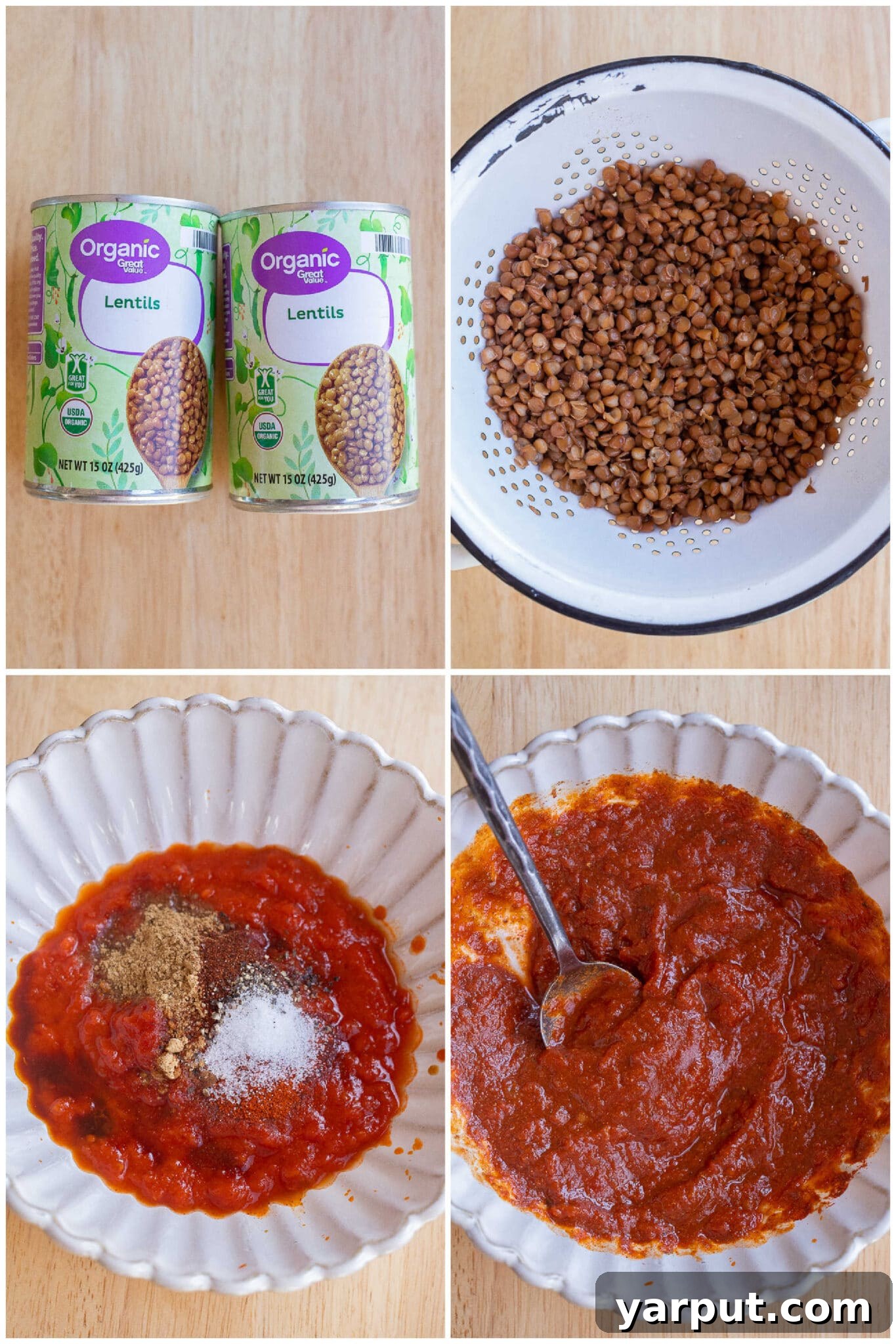 Golden Cheesy Baked Lentil Tacos 3 A step-by-step image showing how to prepare the rich marinara sauce, blending various spices and ingredients for the seasoned lentils