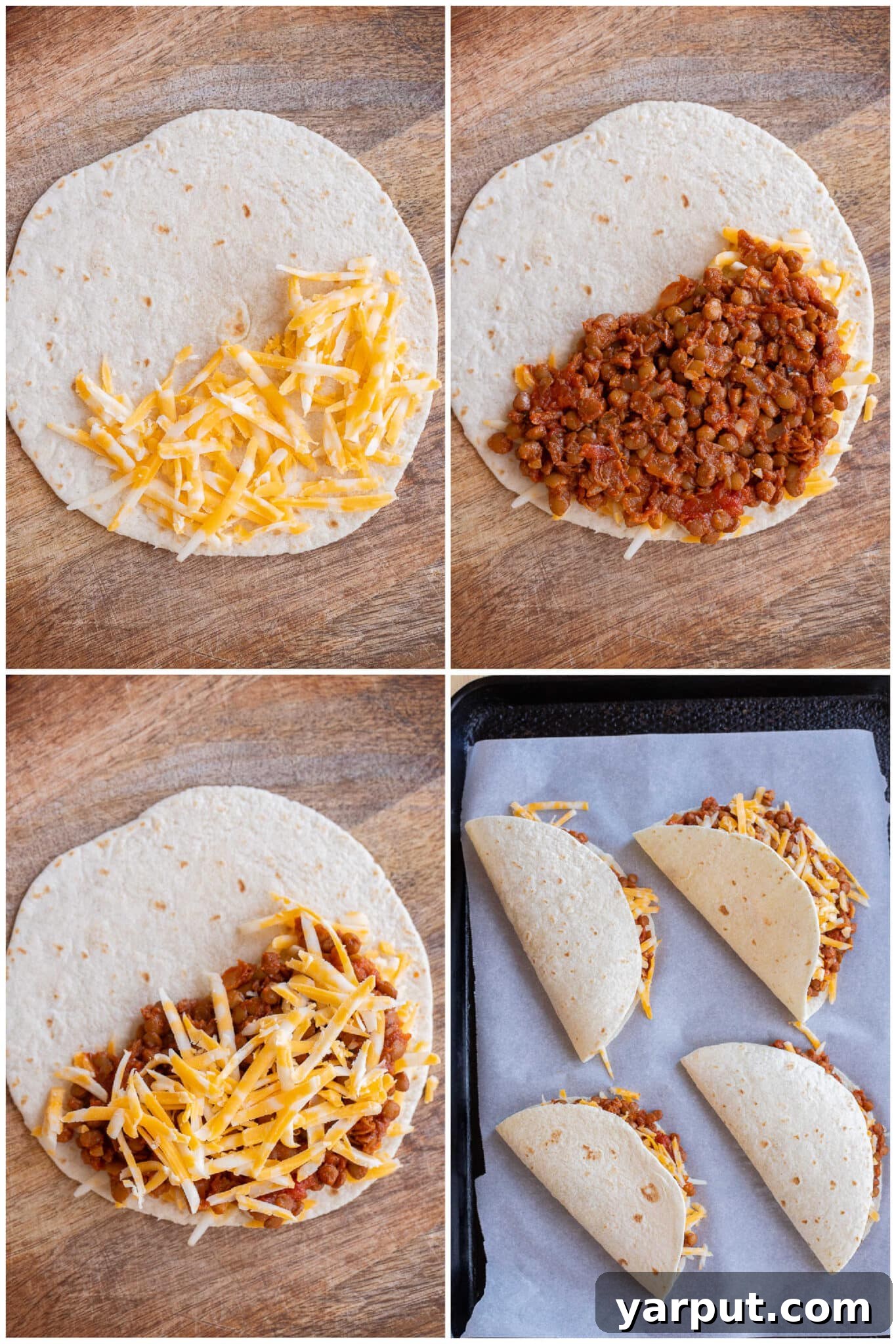 Golden Cheesy Baked Lentil Tacos 5 A step-by-step visual guide demonstrating how to perfectly assemble the cheesy baked lentil tacos before baking