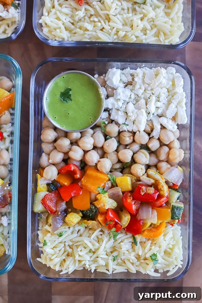 Plant-Powered 2026: Week 2 Meal Plan 9 Colorful Chickpea Orzo Bowls with roasted vegetables and a fresh herb dressing.