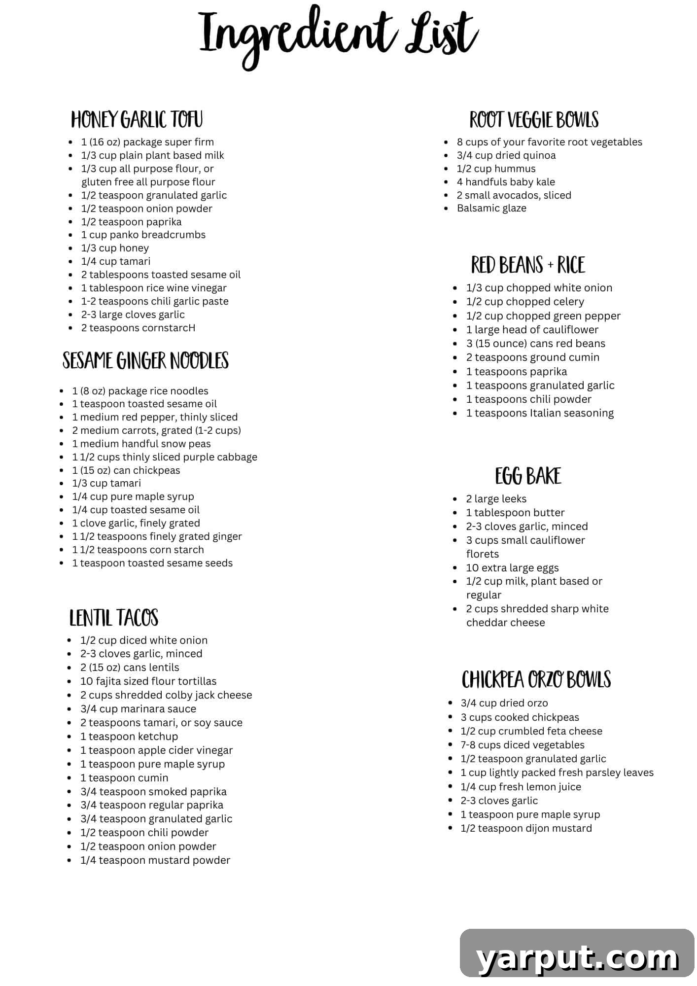 Plant-Powered 2026: Week 2 Meal Plan 10 A printable ingredient list for the weekly vegetarian meal plan, organized for easy grocery shopping.