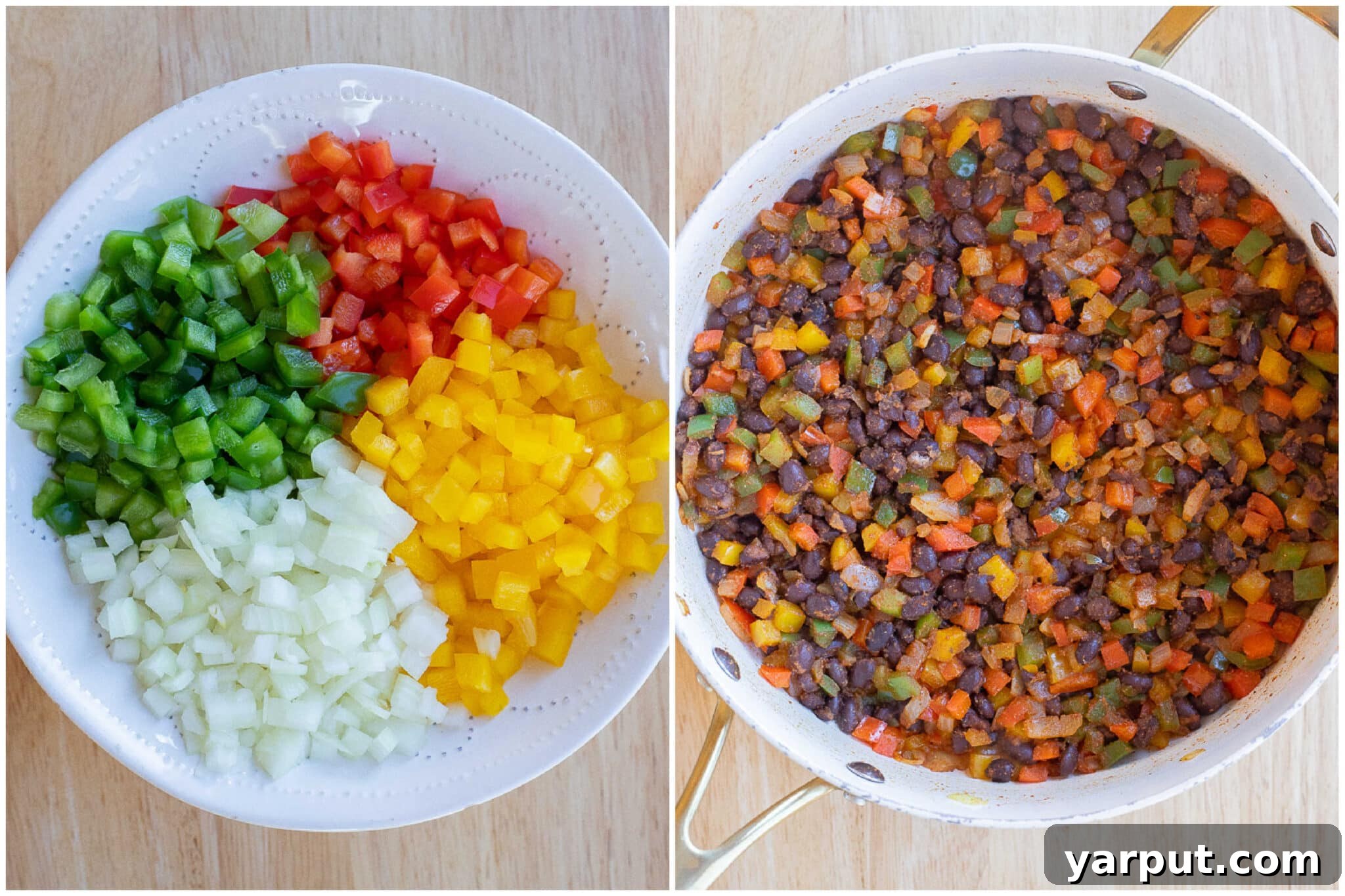 Southwestern Sunrise Wraps 3 showing how to make the black bean fajita mixture with bell peppers and onion