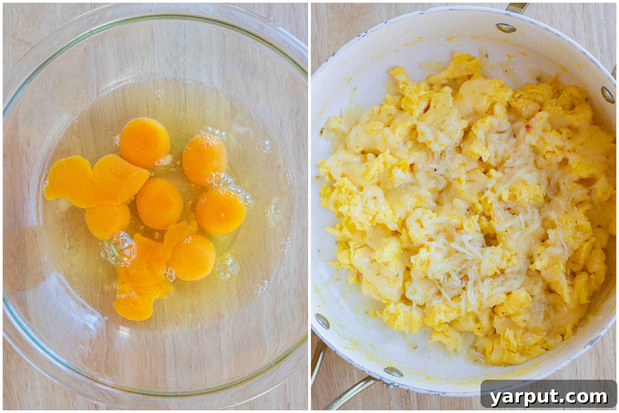Southwestern Sunrise Wraps 4 cheesy scrambled eggs in a pan
