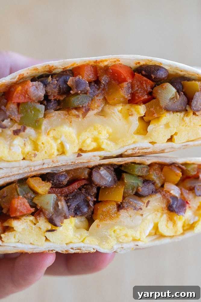 Southwestern Sunrise Wraps 7 close up of a hand holding a vegetarian black bean fajita egg wrap