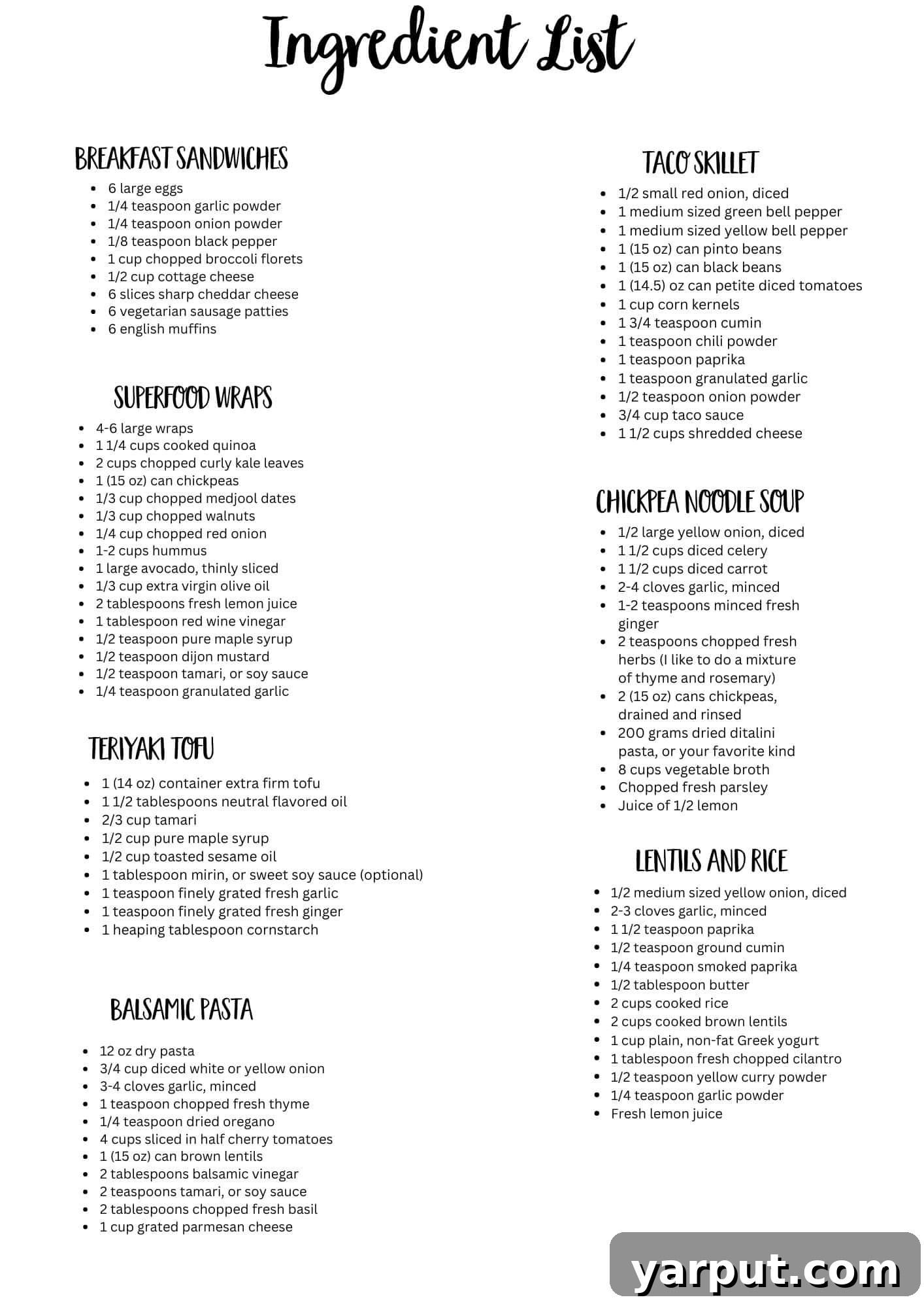 Printable shopping list for the weekly vegetarian meal plan, with categorized ingredients.