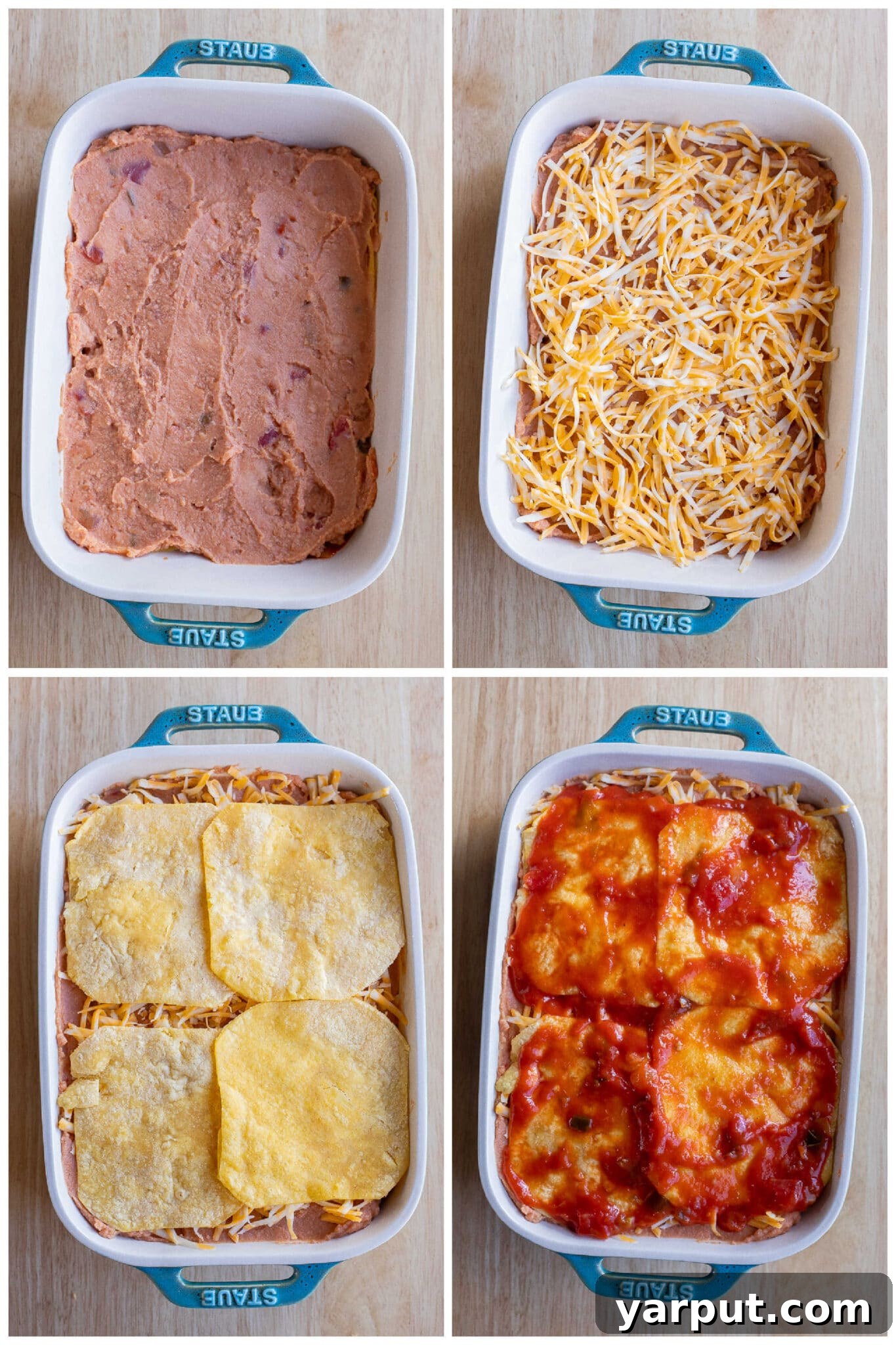 Close-up of the four ingredients: tortillas, cheese, salsa, and refried beans