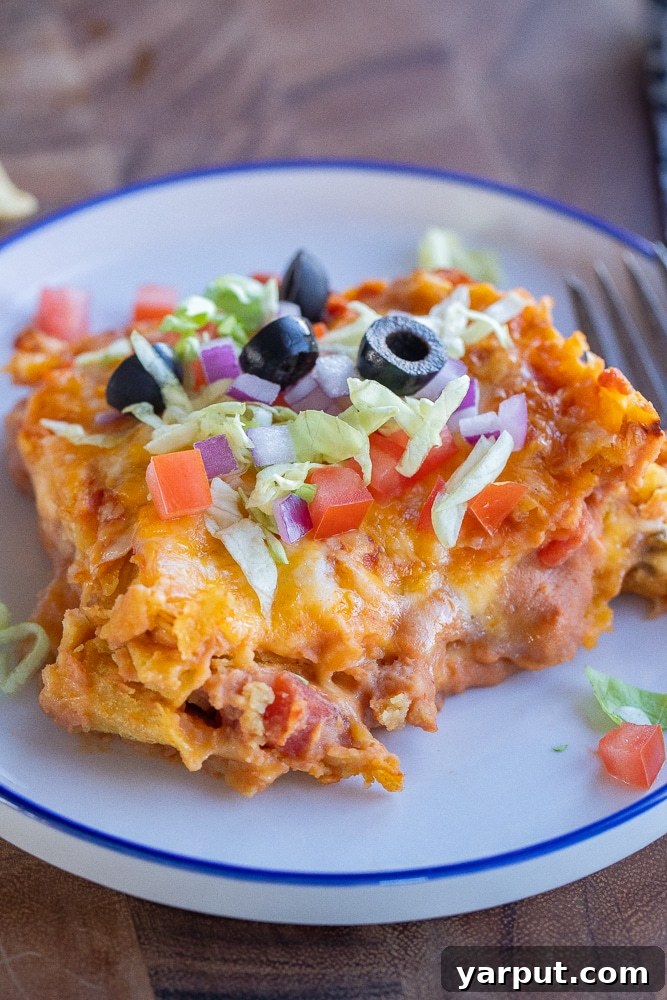 Close-up of the fully assembled 4-ingredient vegetarian taco bake