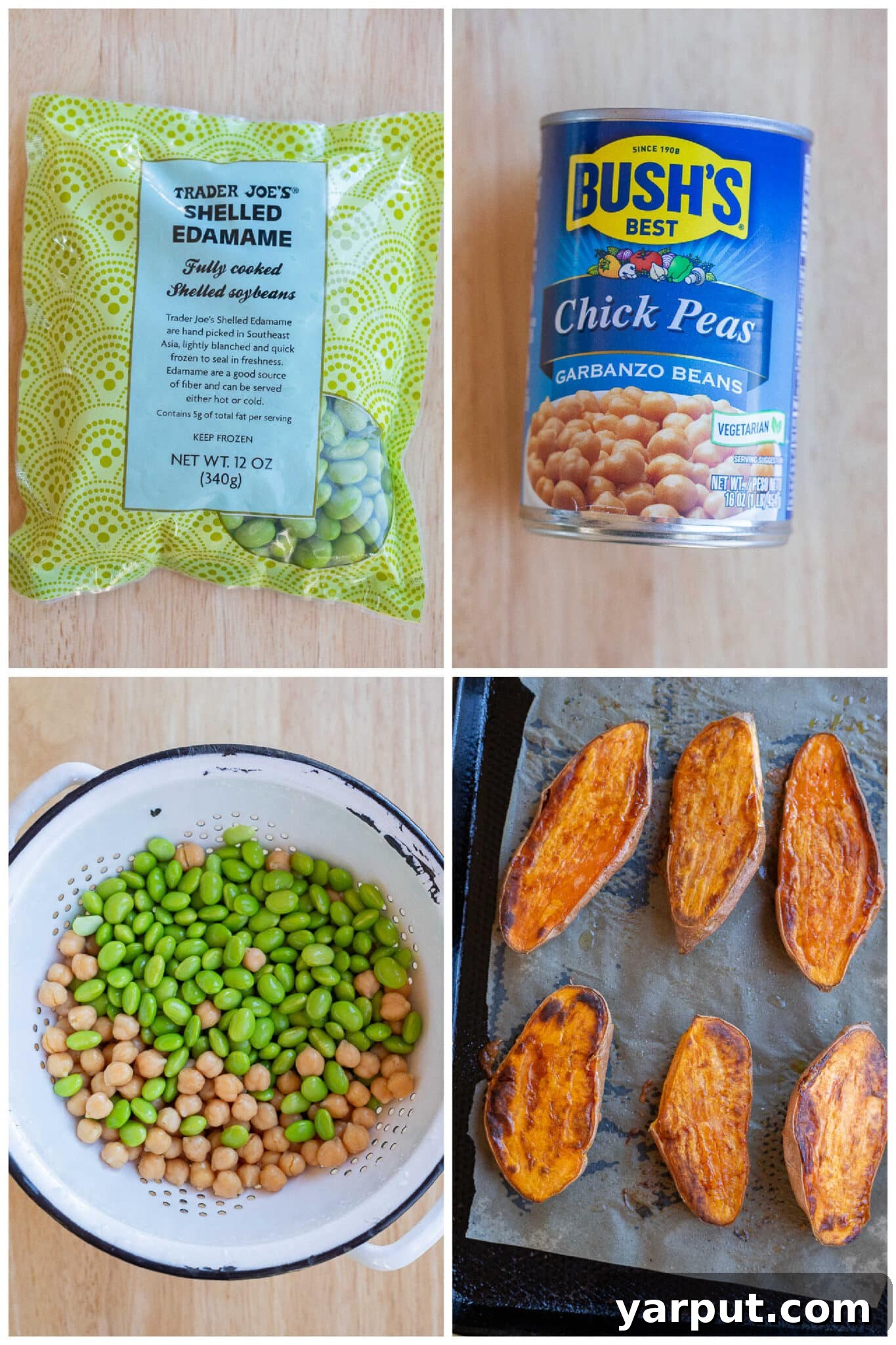 Loaded Teriyaki Edamame Sweet Potatoes 4 showing the ingredients for these teriyaki edamame chickpea stuffed sweet potatoes