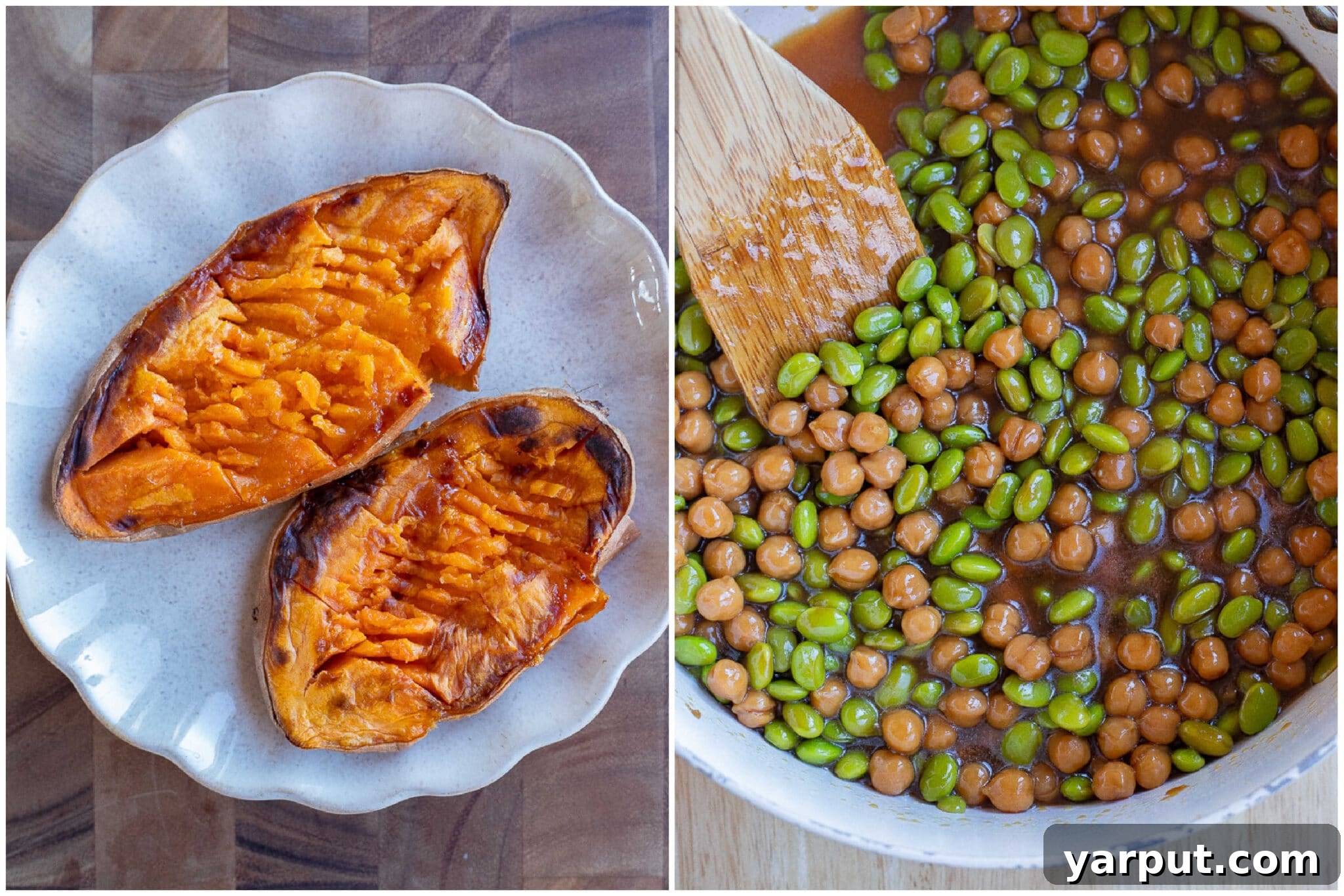 Loaded Teriyaki Edamame Sweet Potatoes 5 teriyaki edamame and chickpeas in a pan with roasted sweet potato
