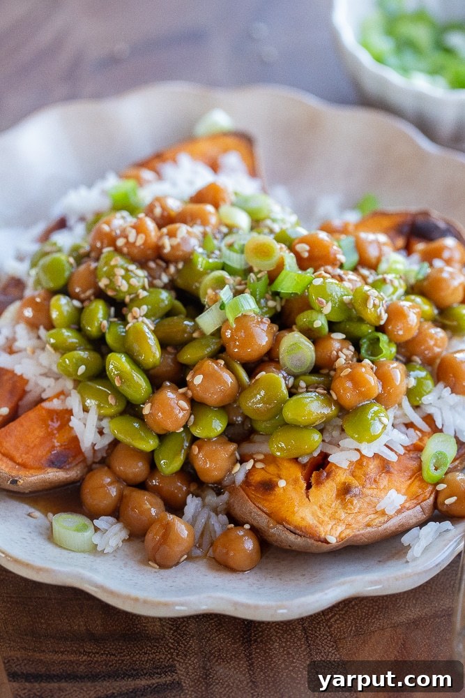 Loaded Teriyaki Edamame Sweet Potatoes 6 close up of a sweet potato stuffed with teriyaki edamame and chickpeas