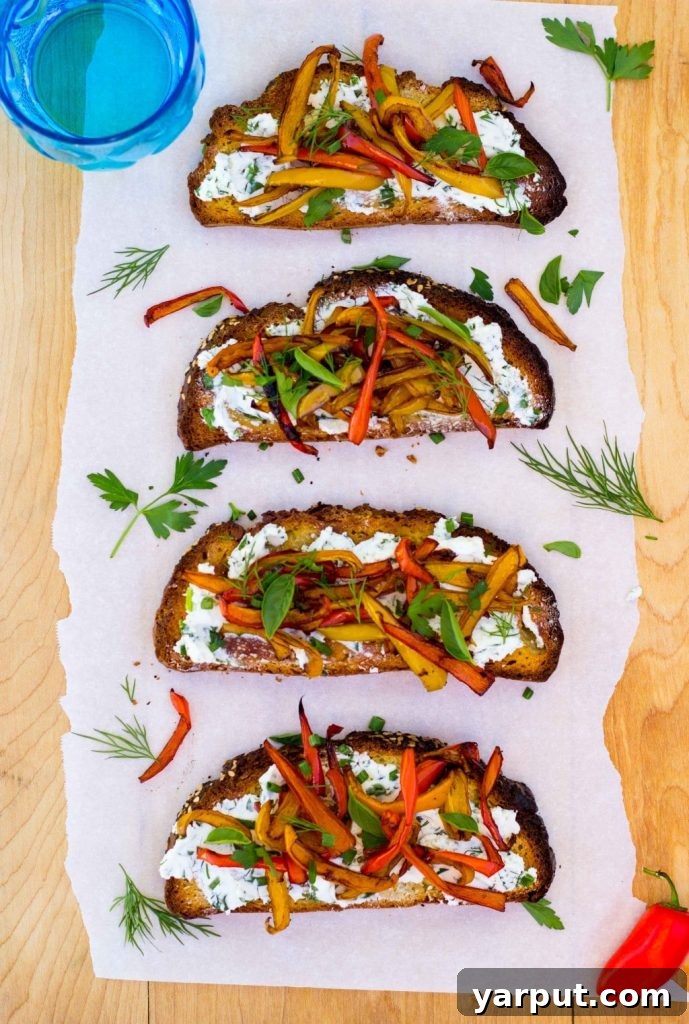 Herbed Chevre Crostini with Roasted Balsamic Peppers 2 Herbed Goat Cheese Toasts with Balsamic Roasted Sweet Peppers - A delightful, easy appetizer for any occasion.