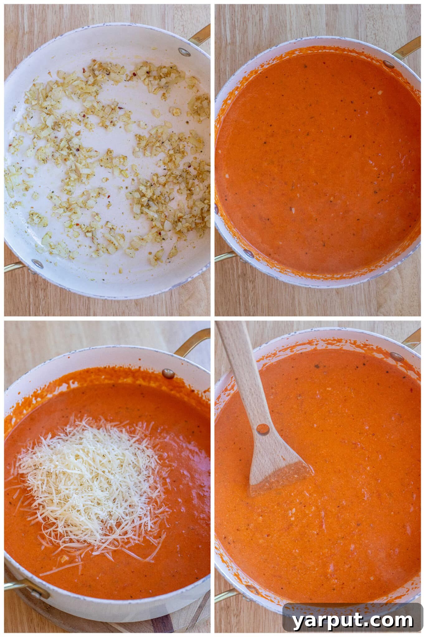 showing how to make the creamy tomato pasta sauce with parmesan cheese and coconut milk