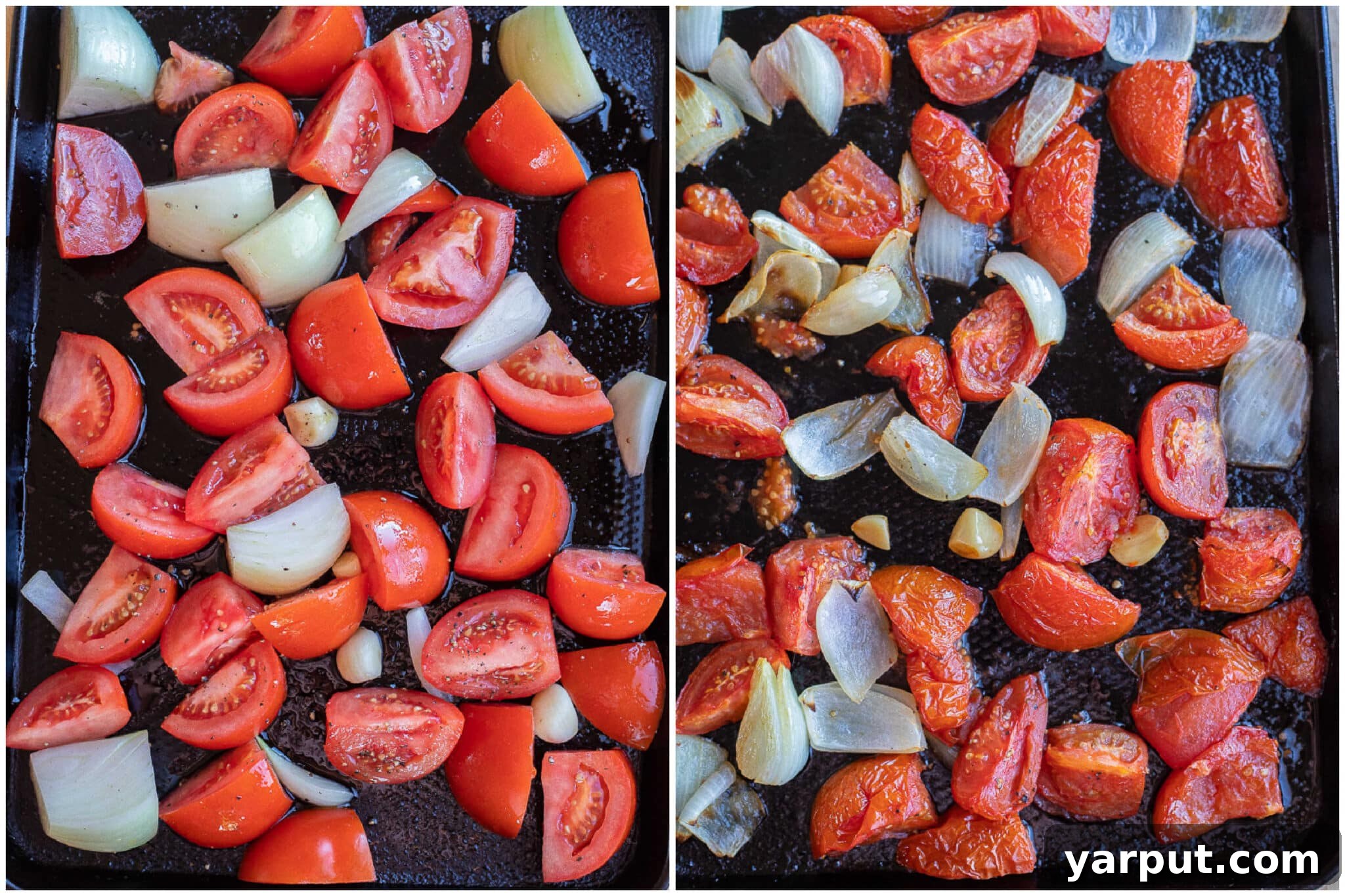 Before and after comparison of tomatoes, onions, and garlic laid out on a sheet pan, showcasing the delicious caramelization achieved through roasting in the oven.