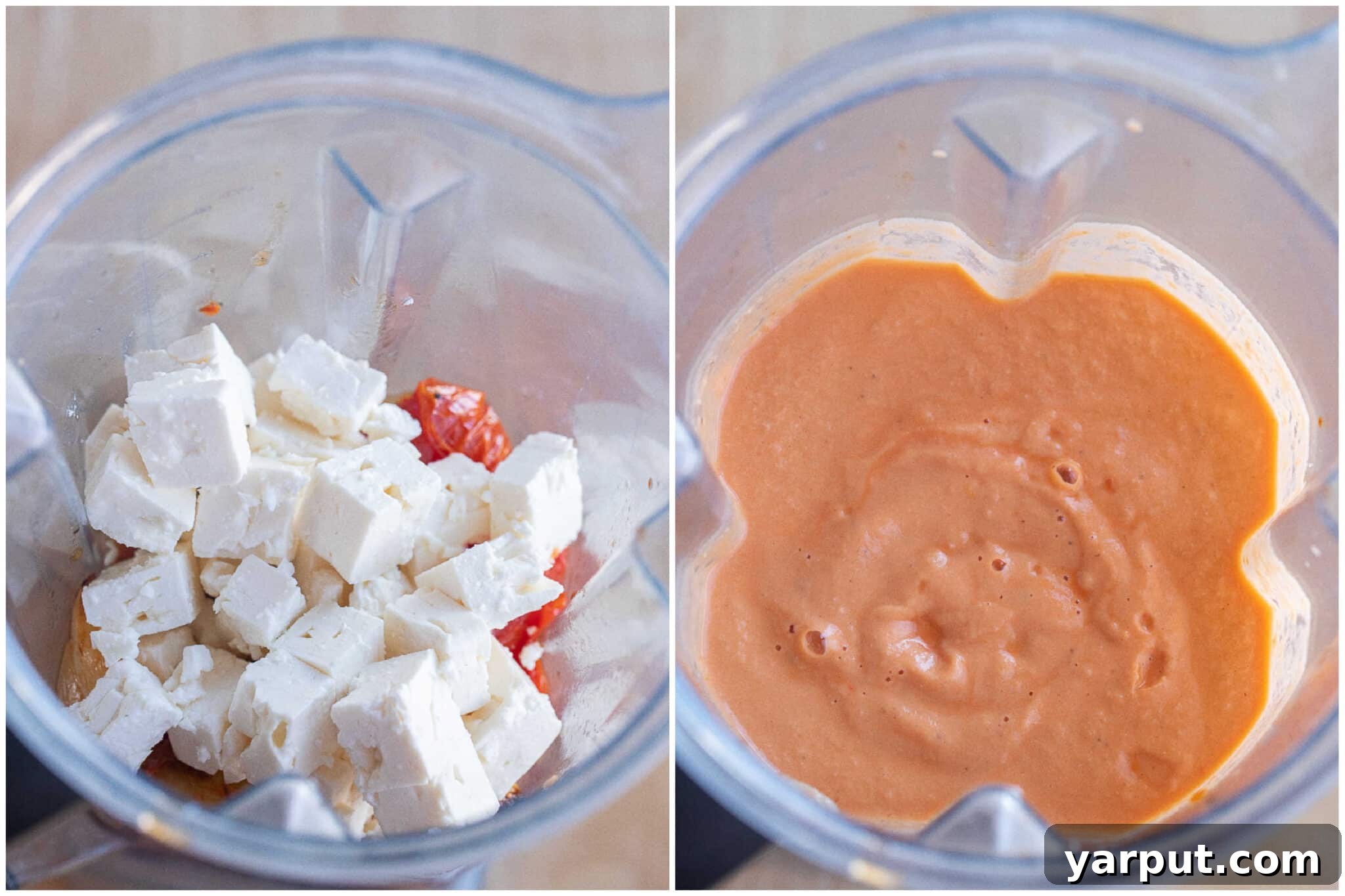 Close-up view of the smooth, creamy texture of the tomato feta soup after being expertly blended in a high-speed blender, ready to be served.