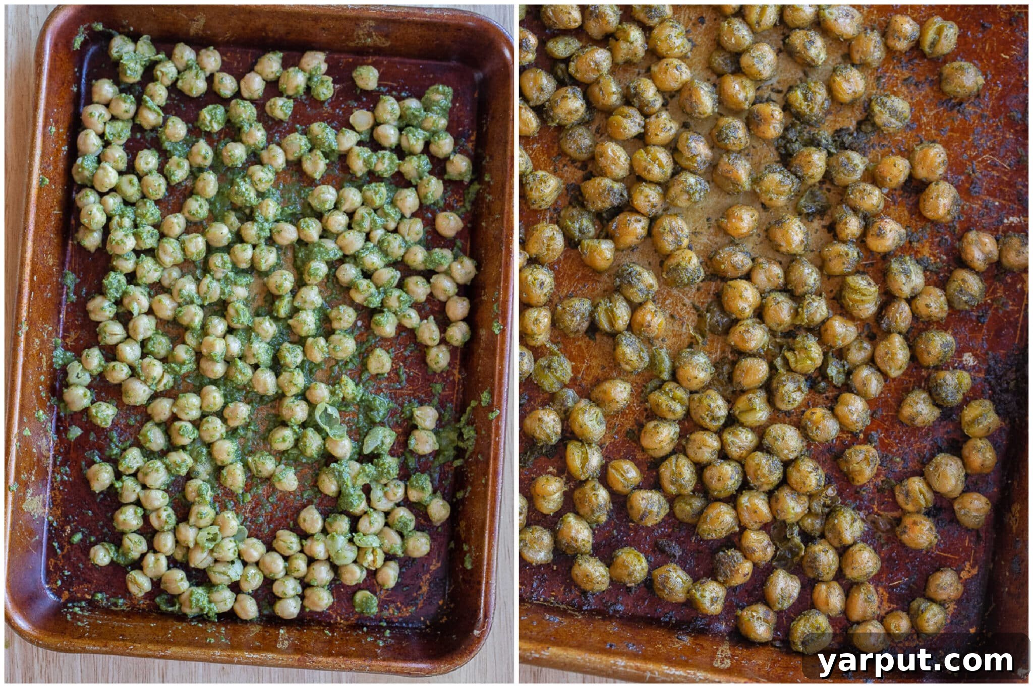 A side-by-side comparison of chickpeas mixed with pesto before and after roasting, showing their transformation into golden, crispy, and flavorful toppings.