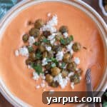Creamy Roasted Tomato Feta Soup with Pesto Chickpeas