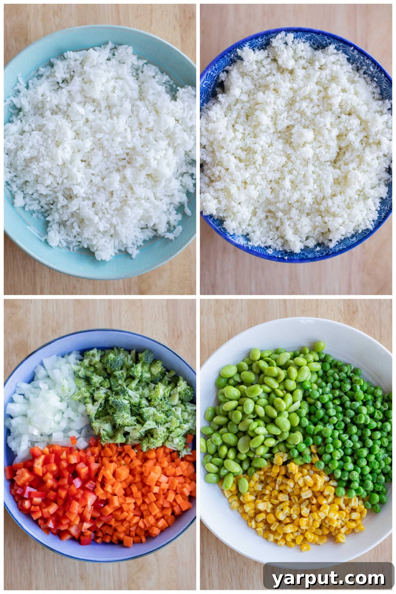 showing the fresh vegetables and white rice ready for making vegetable fried rice