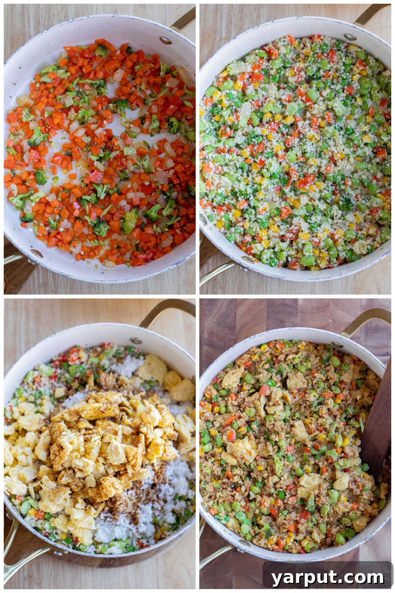 showing the cooking process of making veggie packed fried rice recipe