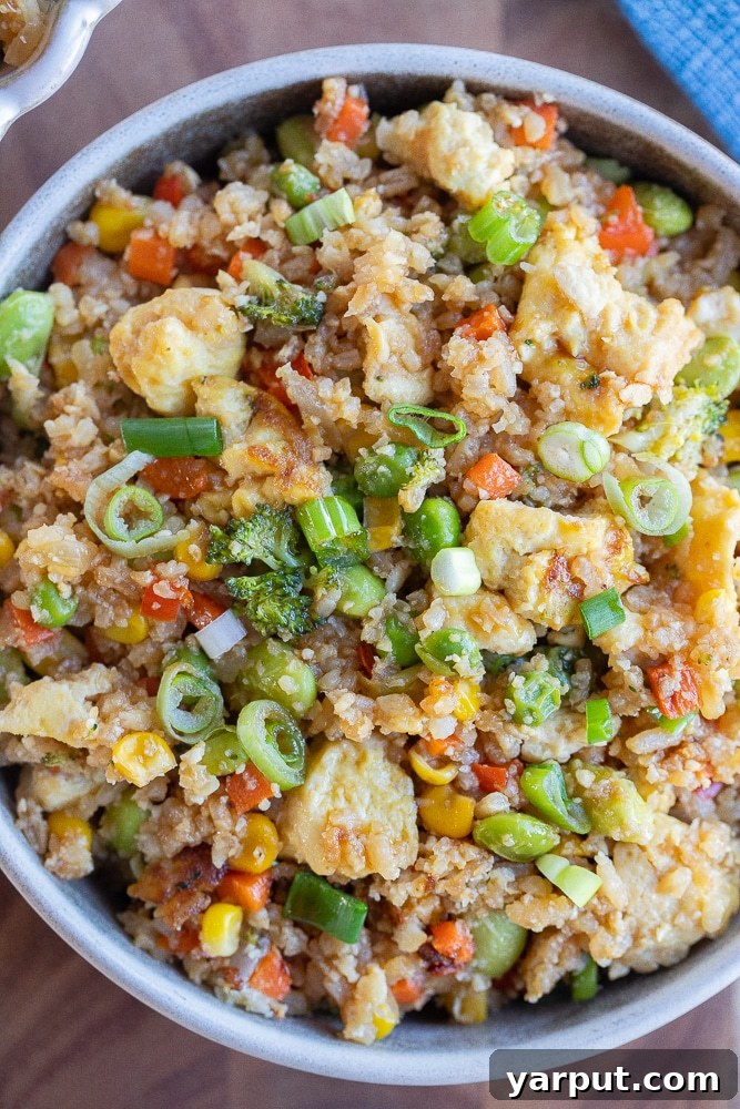 close up of vegetarian fried rice in a dinner bowl with chopstiks