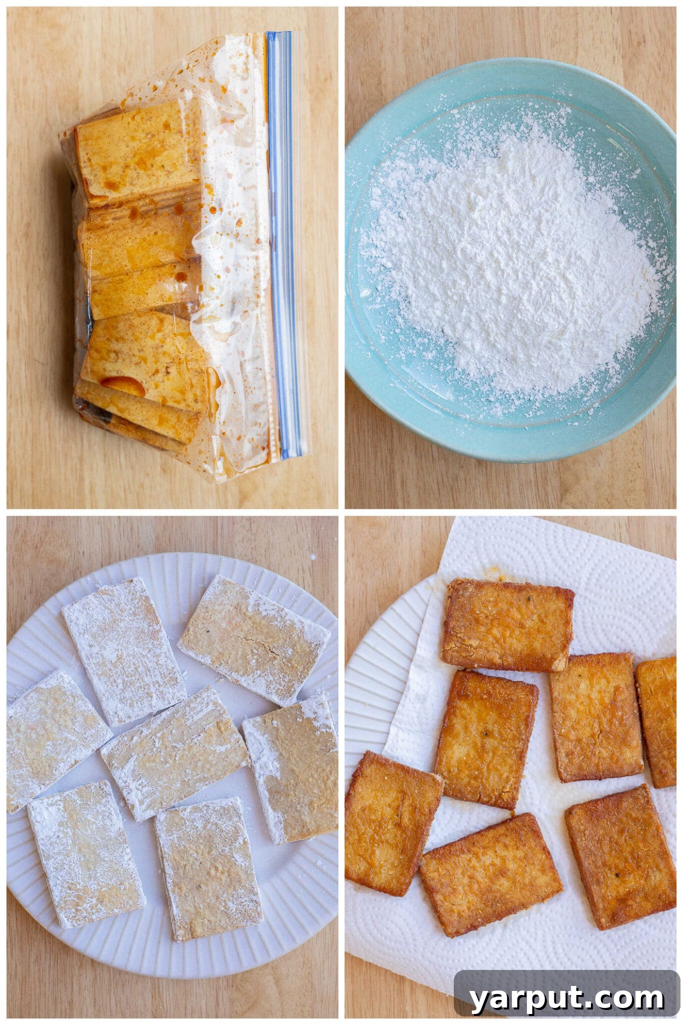 Crispy Smoky Tofu Bacon 5 showing how to prepare tofu bacon by dredging it in cornstarch