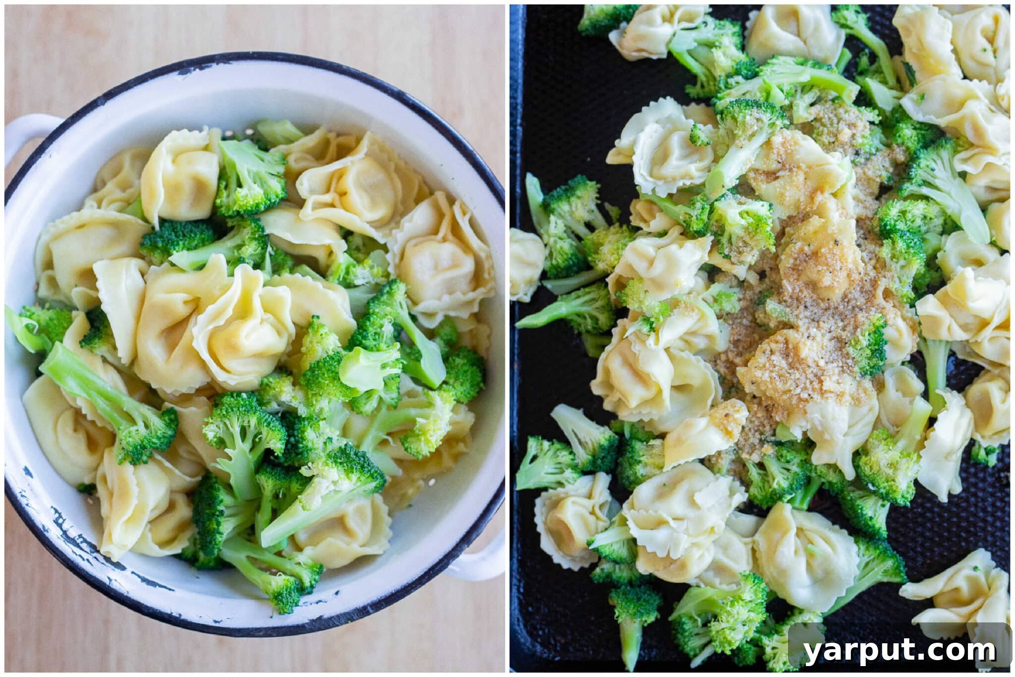 Zesty Roasted Lemon Parmesan Tortellini with Broccoli 4 A sheet pan loaded with freshly tossed tortellini and broccoli, glistening with the lemon-Parmesan sauce, ready to be placed in the oven for roasting.