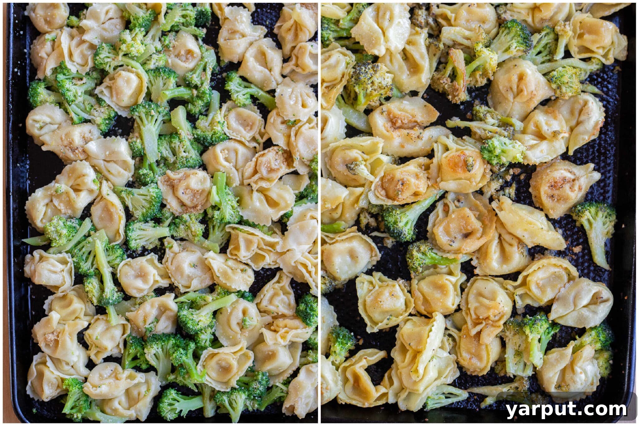 Zesty Roasted Lemon Parmesan Tortellini with Broccoli 5 A visual comparison of the sheet pan tortellini and broccoli: one side showing the ingredients tossed in sauce before baking, and the other side showing the beautifully golden-brown and roasted dish after cooking.