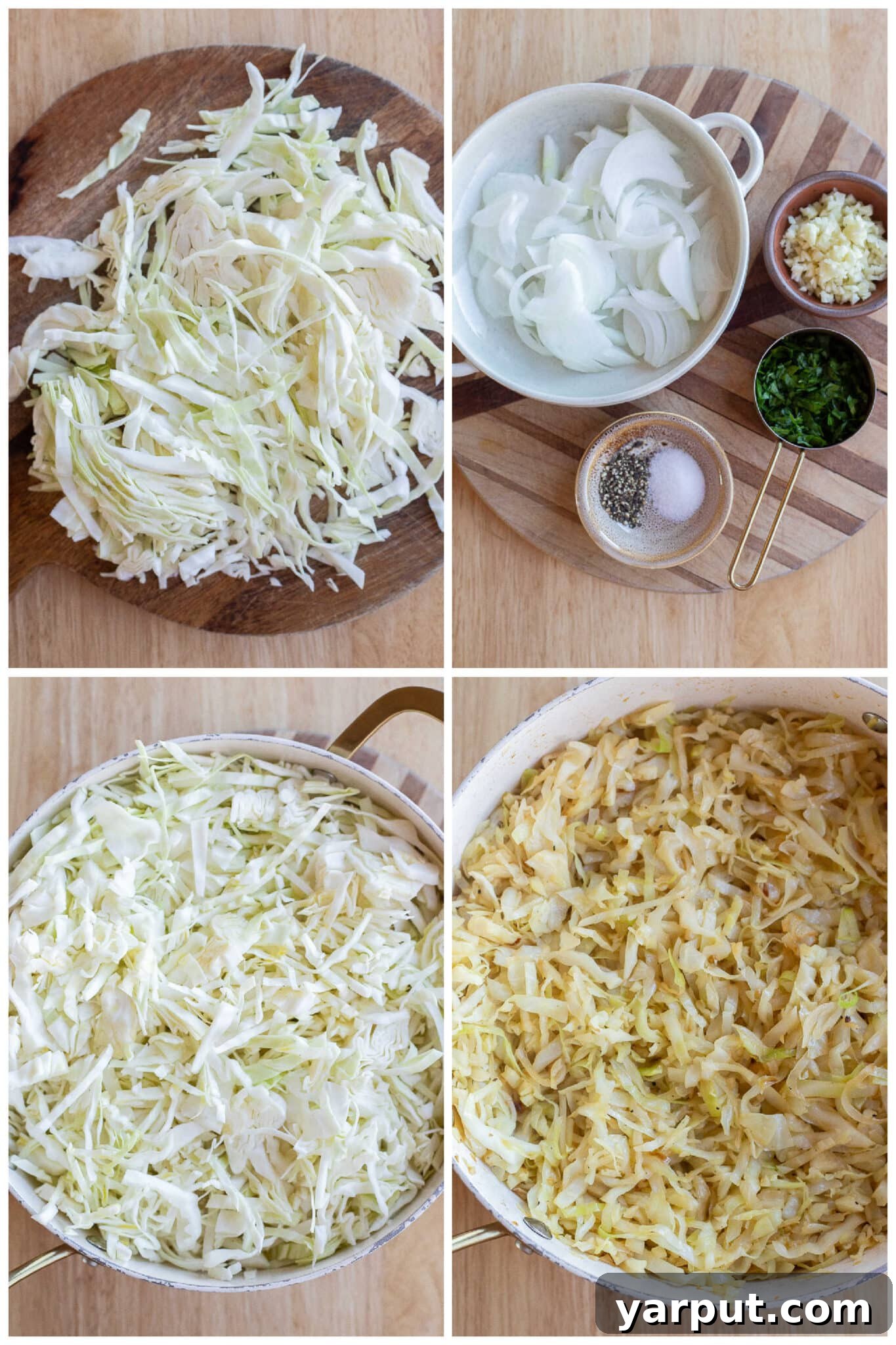 Golden Cheesy Cabbage Bake 3 A step-by-step image showing sliced cabbage being caramelized in a large pan with onions and garlic.